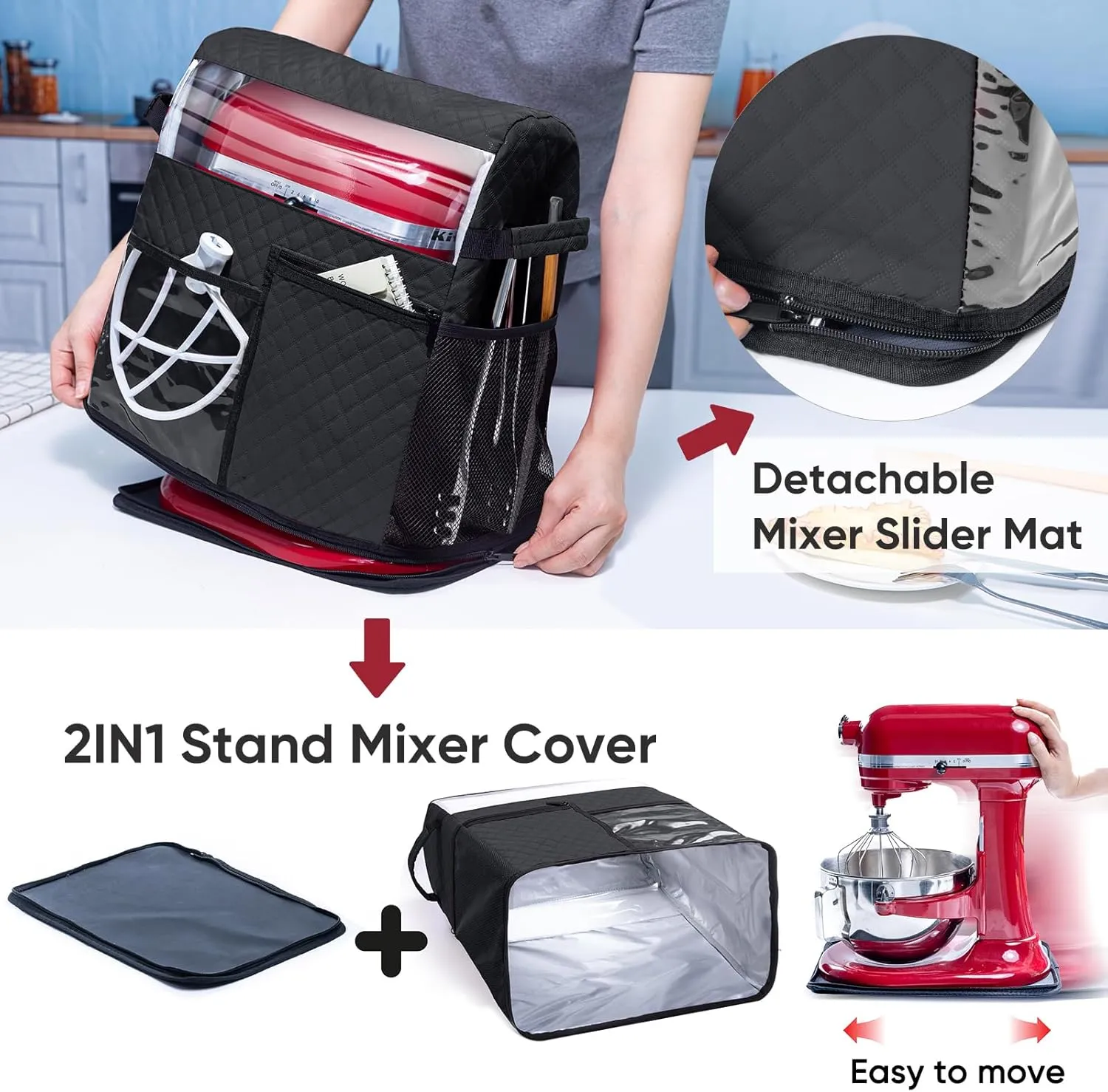 BAGSPRITE Stand Mixer Cover with Detachable Appliance Sliders Base Compatible with KitchenAid Mixer-Storage Bag for 4.5/5 Quart with Pockets for Kitchen Aid Accessories and Attachments