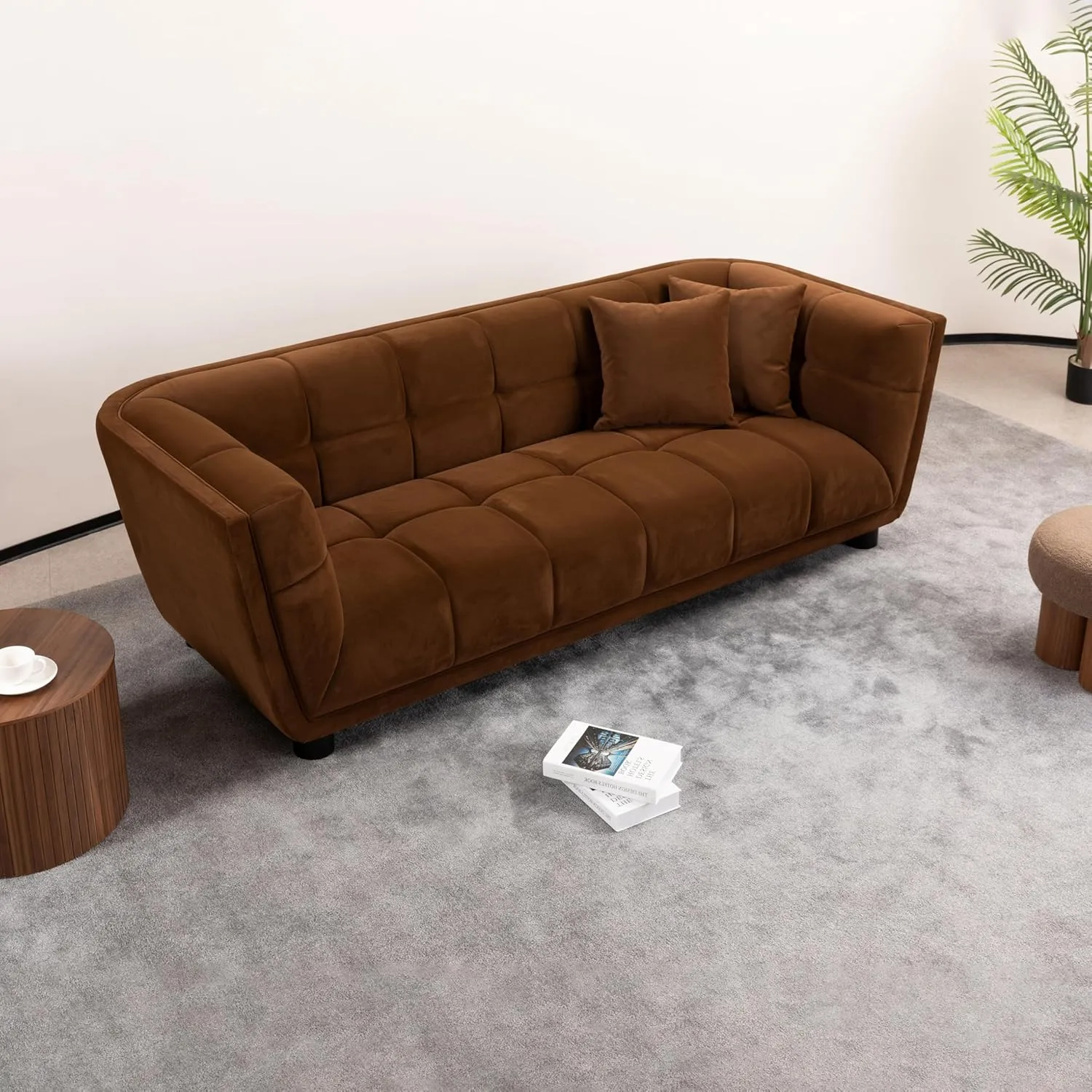 Ball & Cast 90" Chesterfield Loveseat Sofa,Mid-Century Modern Couch with Rivet Handrails,Roll Armrests,Deep Seat Upholstered Button Tufted Sofa w/ 2 Pillows,for Living Room,Apartment,Office,Dorm,Camel
