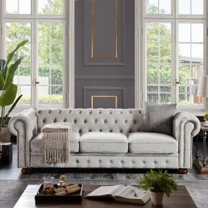 Ball & Cast Chesterfield Sofa – Sturdy Solid Wood & Metal Frame,Soft Linen Upholstery,High-Density Foam Seat Cushion,Easy Assembly Living Room Couch for Family,Grey