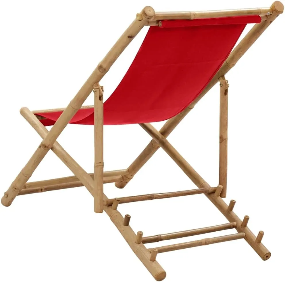 Bamboo and Canvas Deck Chair Red Outdoor Lounge Chair Adjustable Camping Furniture Foldable Patio for Beach Garden Camping Relaxation and Outdoor Furniture