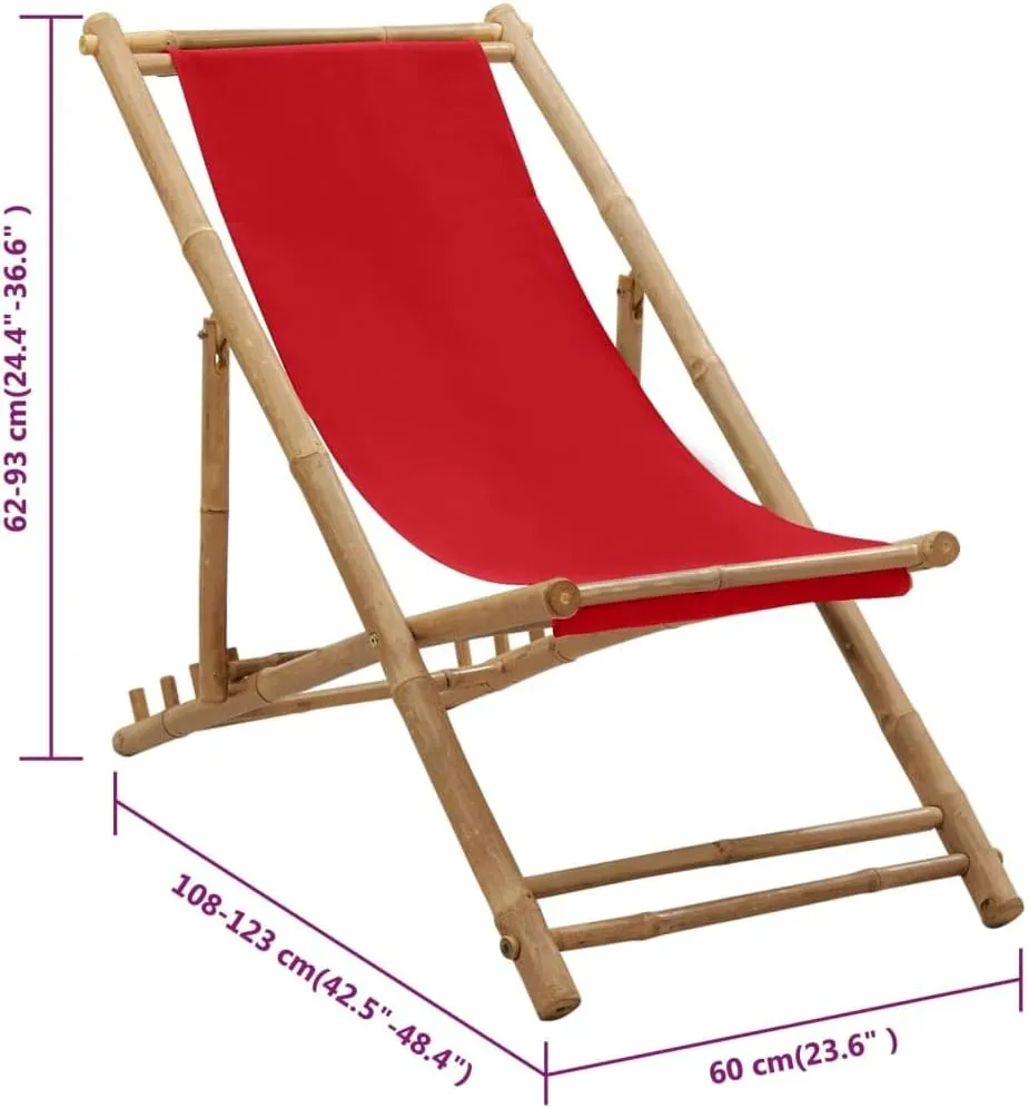 Bamboo and Canvas Deck Chair Red Outdoor Lounge Chair Adjustable Camping Furniture Foldable Patio for Beach Garden Camping Relaxation and Outdoor Furniture