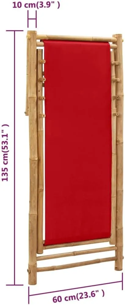 Bamboo and Canvas Deck Chair Red Outdoor Lounge Chair Adjustable Camping Furniture Foldable Patio for Beach Garden Camping Relaxation and Outdoor Furniture