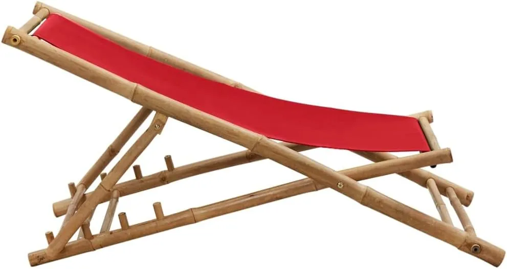Bamboo and Canvas Deck Chair Red Outdoor Lounge Chair Adjustable Camping Furniture Foldable Patio for Beach Garden Camping Relaxation and Outdoor Furniture