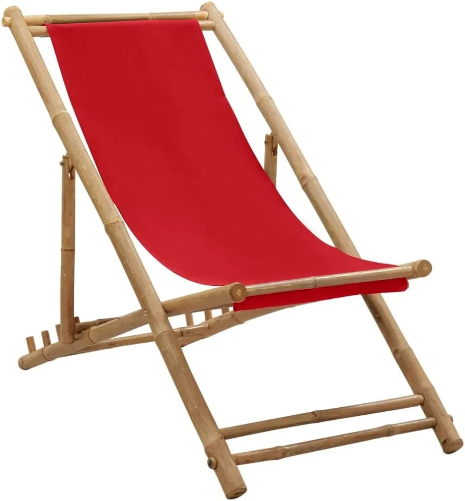 Bamboo and Canvas Deck Chair Red Outdoor Lounge Chair Adjustable Camping Furniture Foldable Patio for Beach Garden Camping Relaxation and Outdoor Furniture