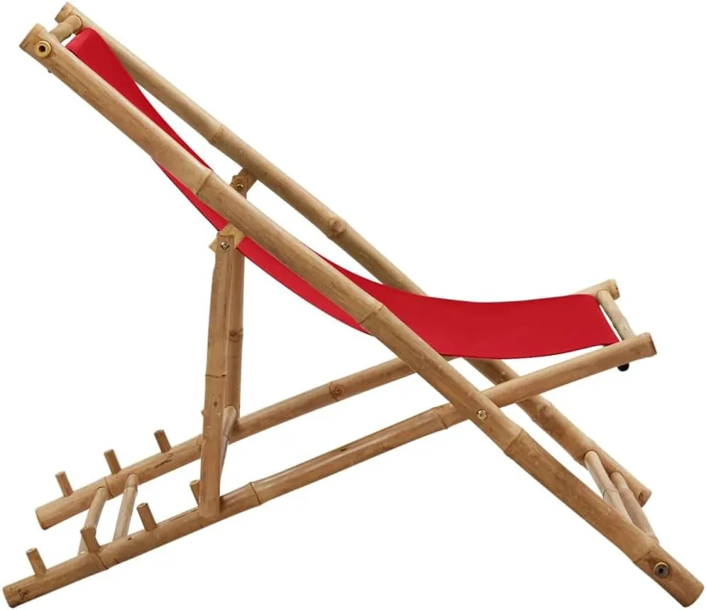 Bamboo and Canvas Deck Chair Red Outdoor Lounge Chair Adjustable Camping Furniture Foldable Patio for Beach Garden Camping Relaxation and Outdoor Furniture