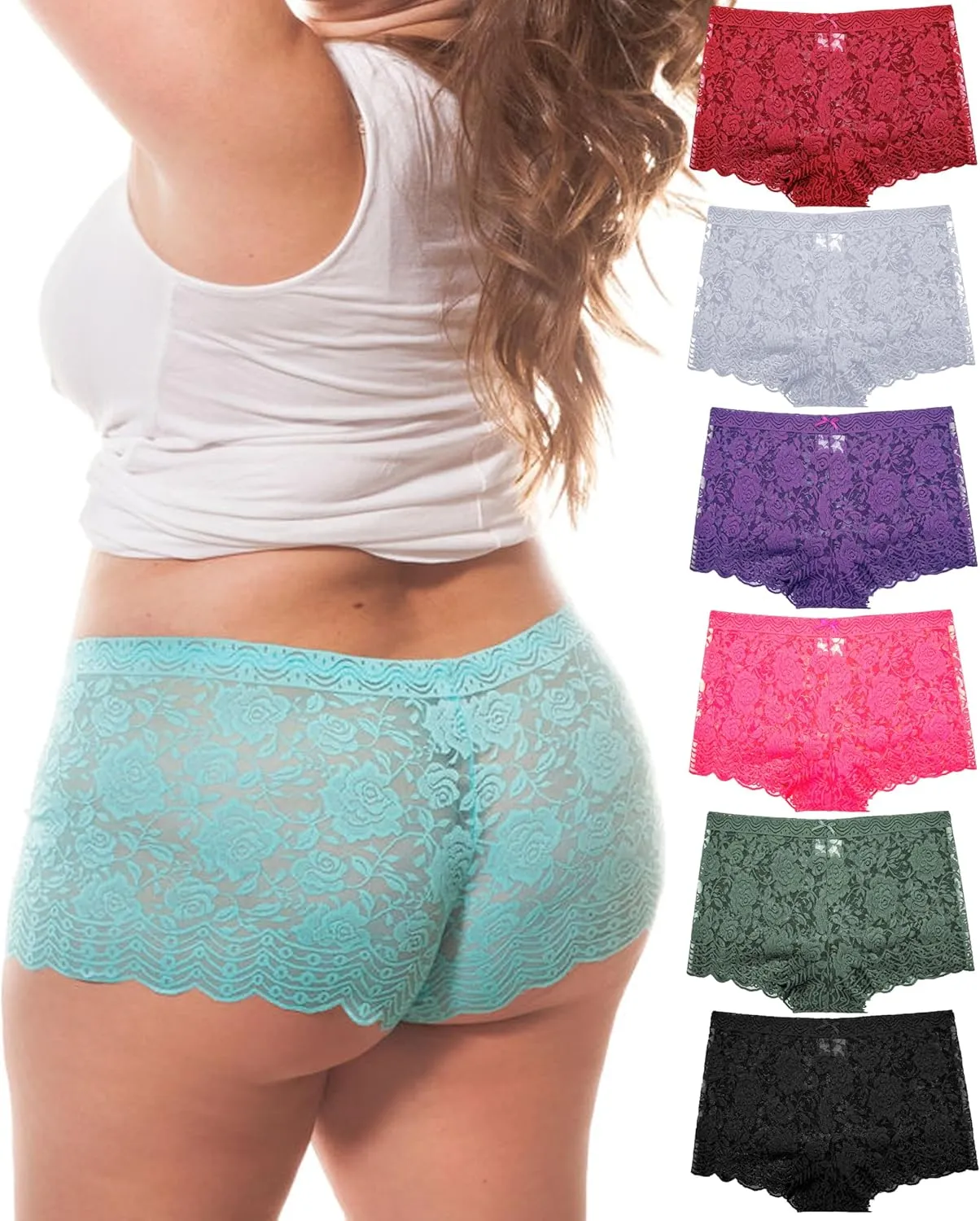 Barbra Lingerie Multi Pack of Women's Regular & Plus Size Lace Boyshort Panties