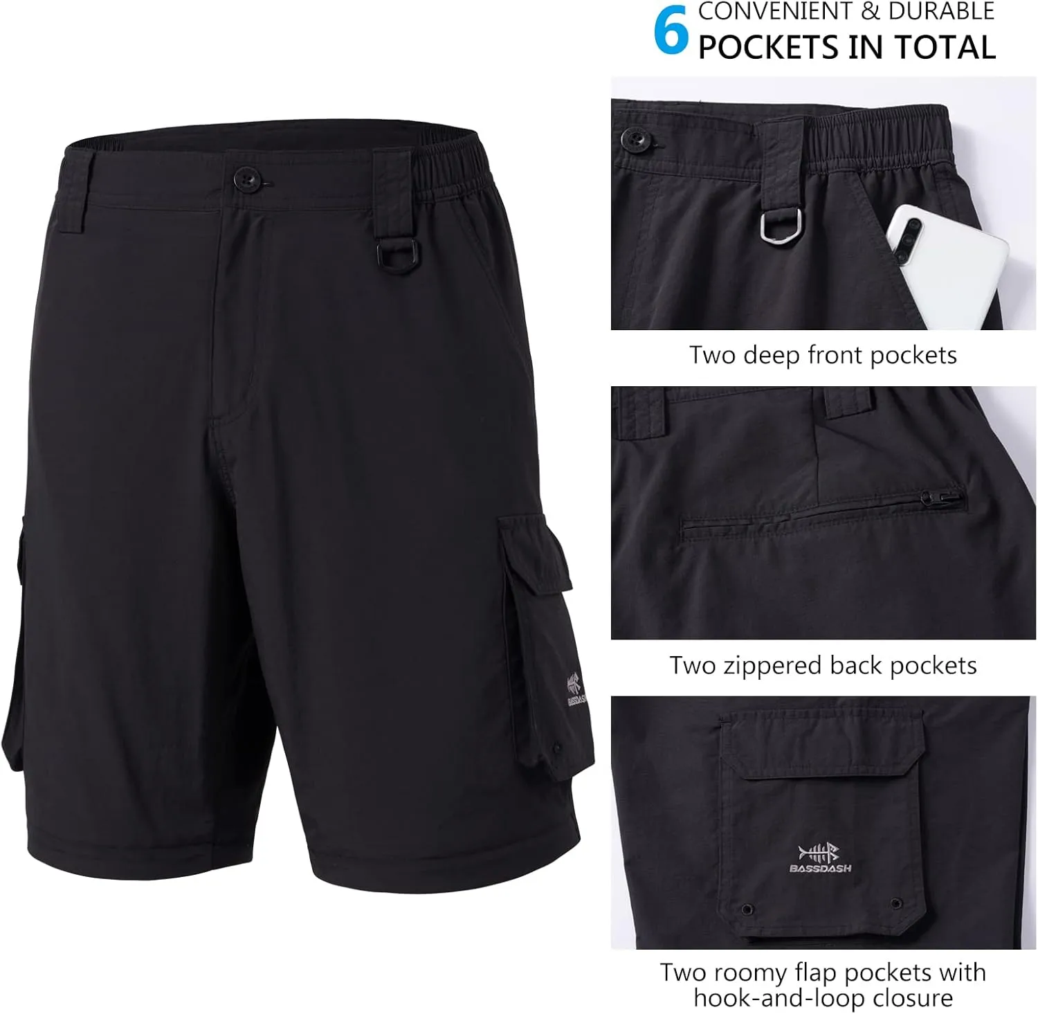 BASSDASH Men’s Outdoor Quick Dry Convertible Pants Zip-Off Water Resistant Lightweight Fishing Hiking Cargo Shorts UPF50 