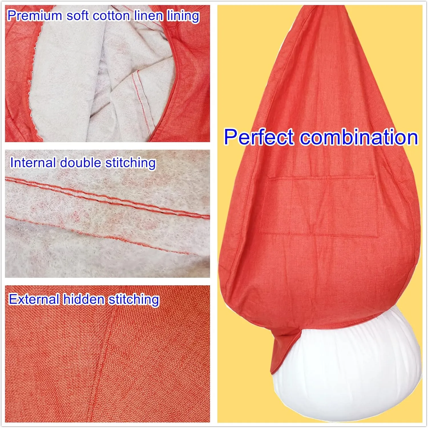 Bean Bag Chair Cover with Inner Liner (No Filler), 39" x 47" Stuffed Animal Storage Bean Bag Chair Cover, Upgrade Easy Cleaning Cotton Linen Bean Bag Cover Only (Orange, X-Large)