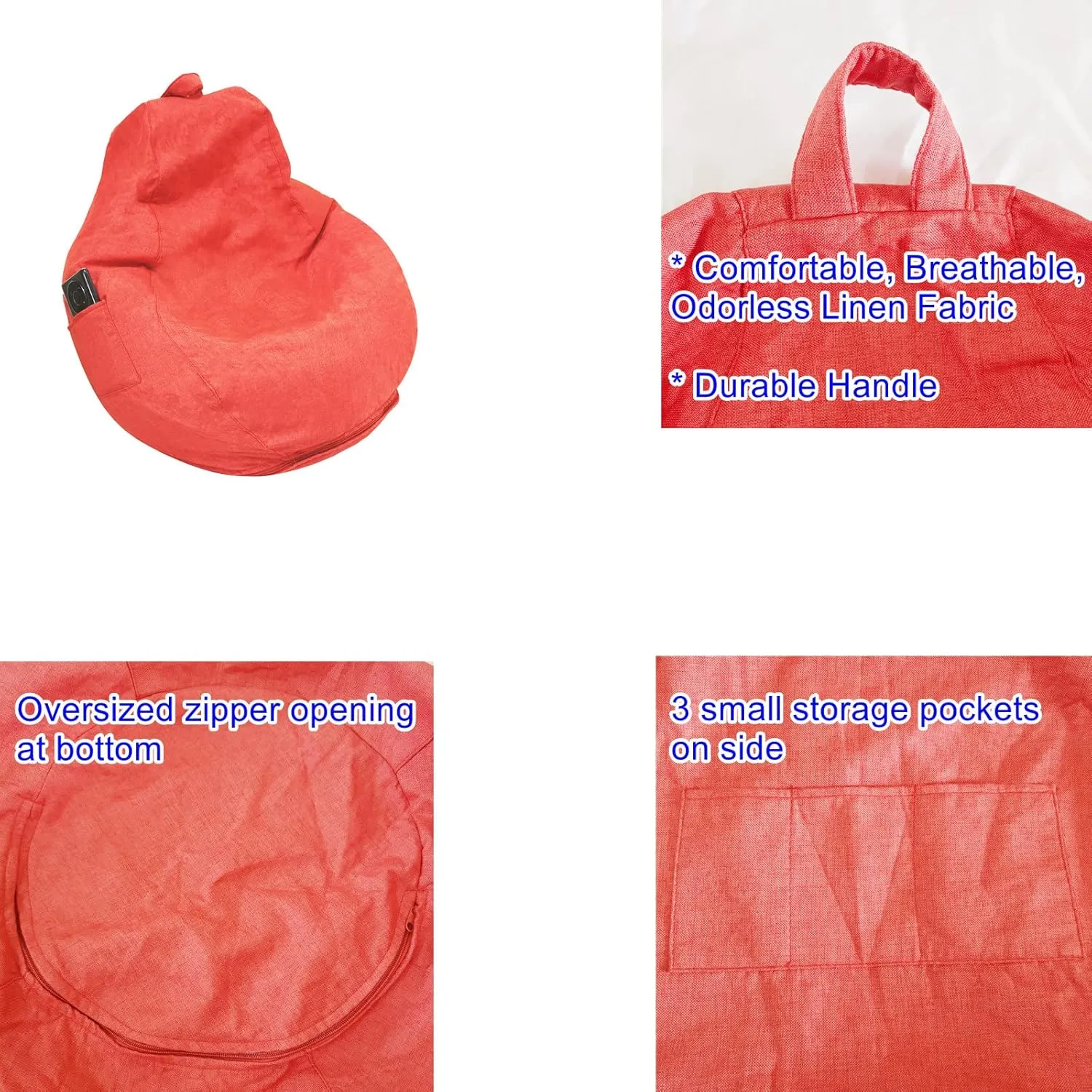 Bean Bag Chair Cover with Inner Liner (No Filler), 39" x 47" Stuffed Animal Storage Bean Bag Chair Cover, Upgrade Easy Cleaning Cotton Linen Bean Bag Cover Only (Orange, X-Large)