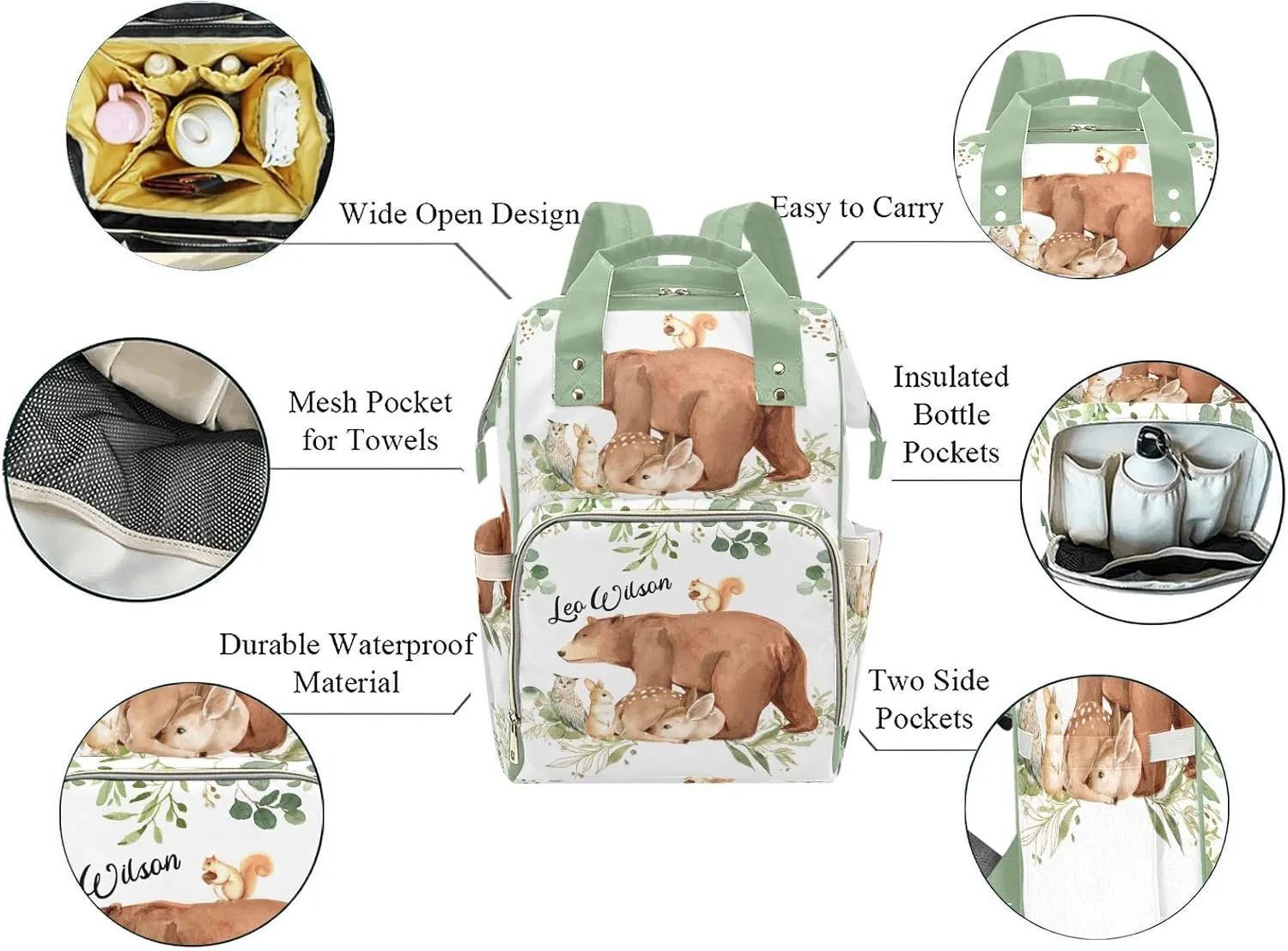 Bear Deer Fox Forest Leaves Personalized Name Diaper Bag Backpack,Custom Travel DayPack for Nappy Mommy Bag Gift