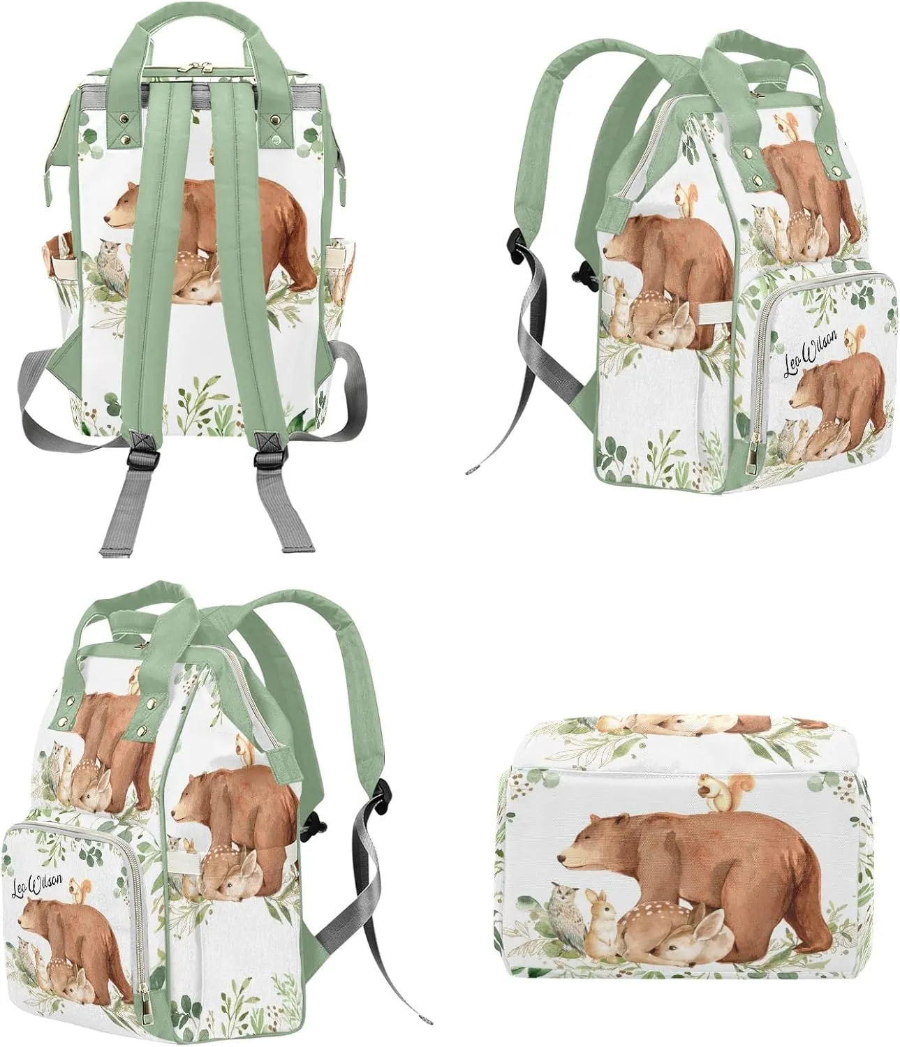 Bear Deer Fox Forest Leaves Personalized Name Diaper Bag Backpack,Custom Travel DayPack for Nappy Mommy Bag Gift