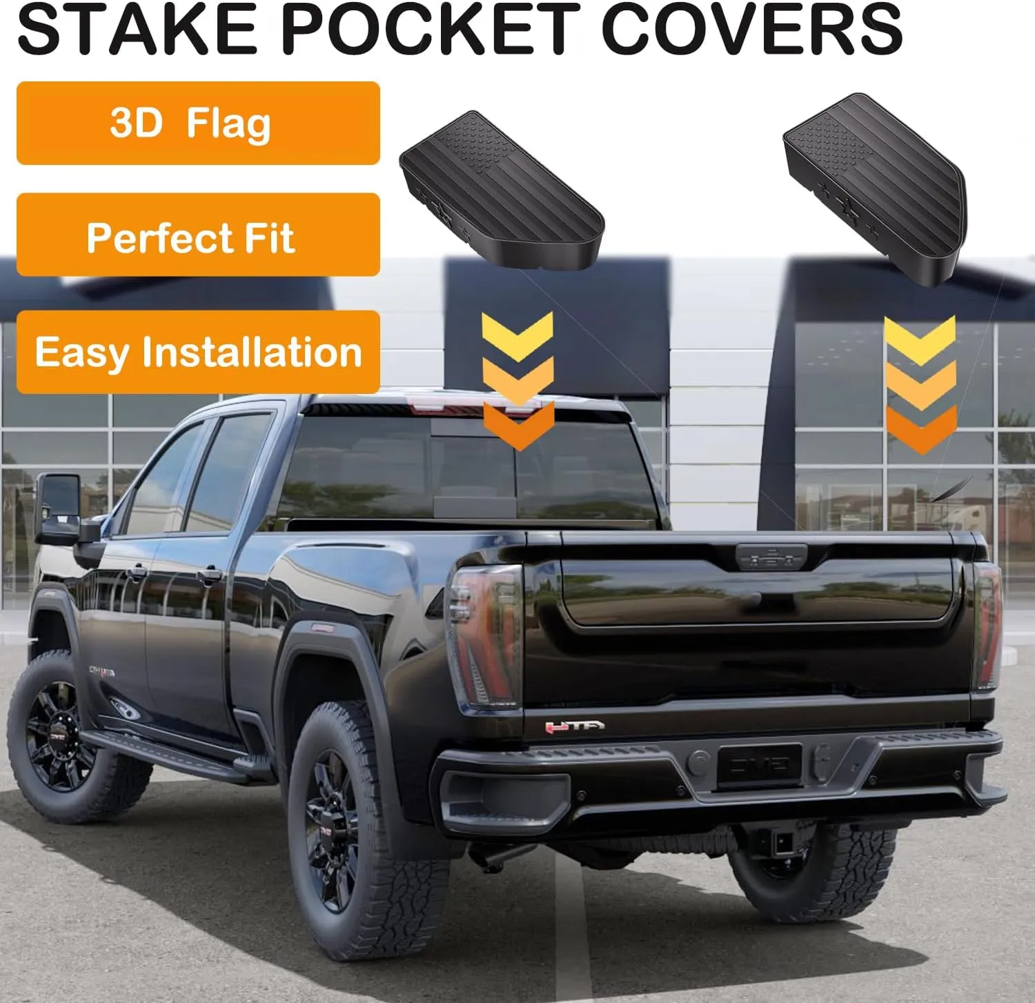 Bed Rail Stake Pocket Covers for GMC Chevy Silverado/GMC Sierra 1500(2019-2024), GMC Sierra 3500HD(2020 2021 2022 2023 2024)/2500, Truck Caps Rear Holes Plugs Covers (Flag(Black))