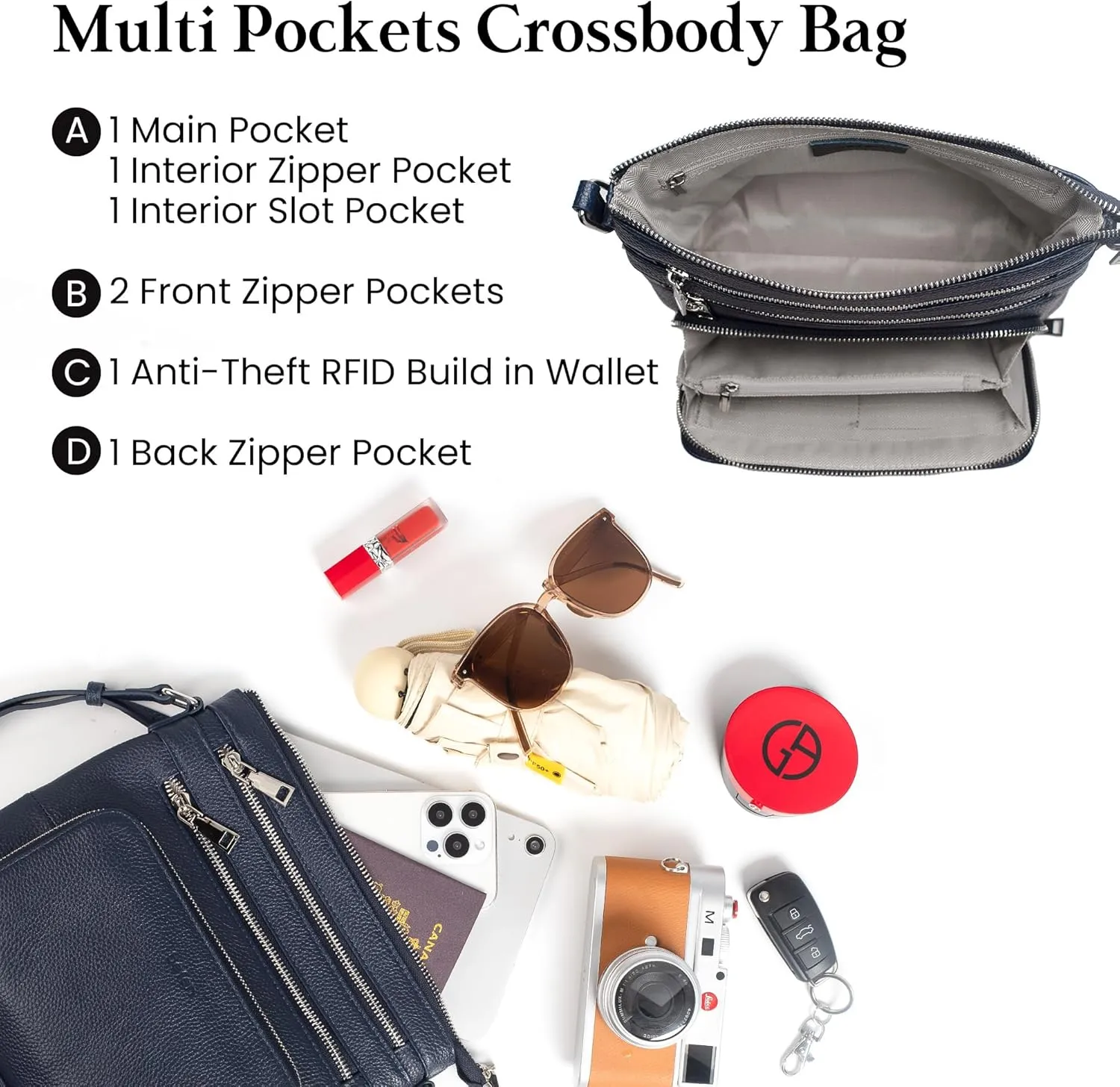 befen Genuine Leather Crossbody Bags for Women, Lightweight Medium Anti-Theft Shoulder Purse with Built in RFID Wallet