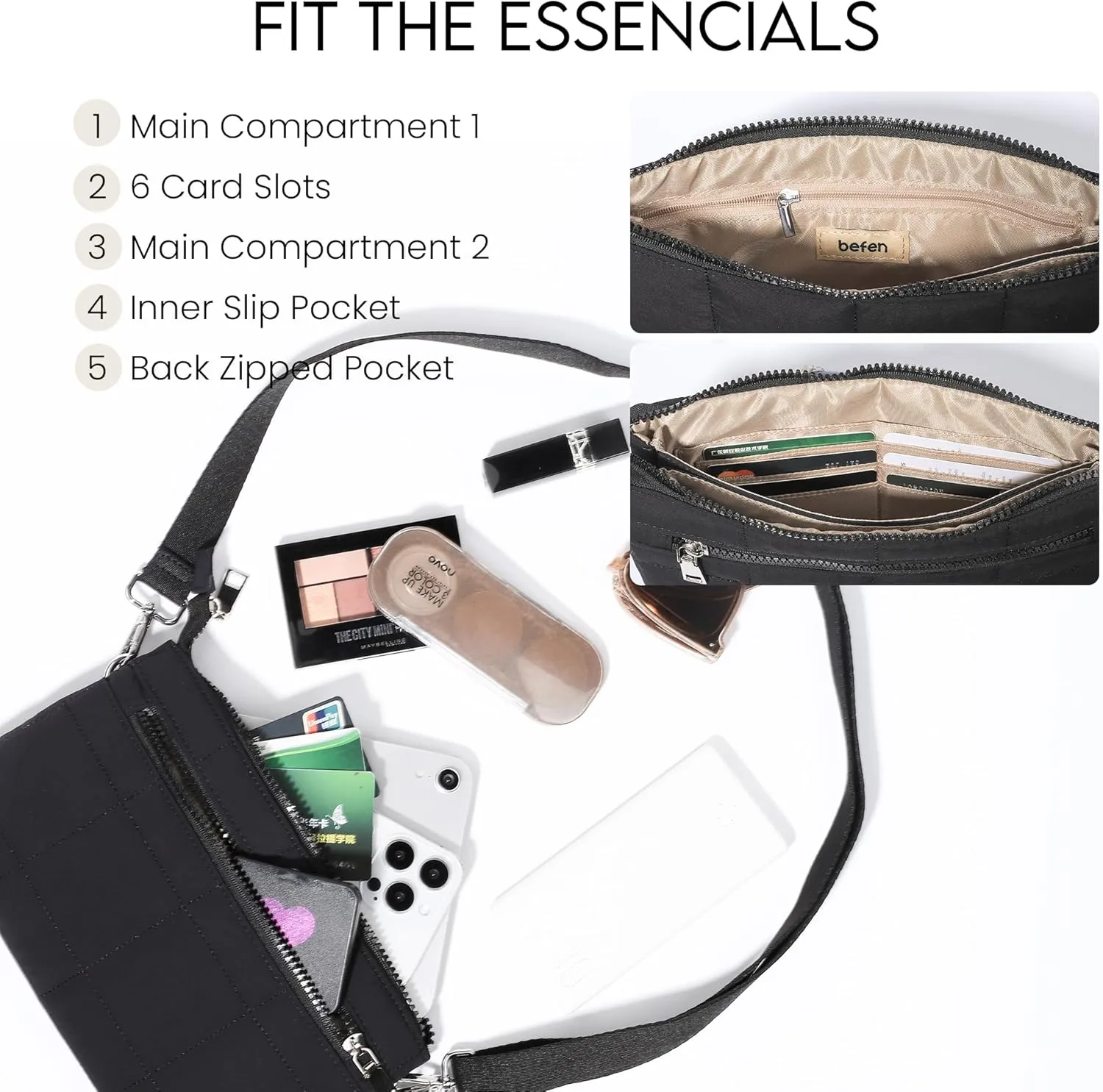 befen Puffer Crossbody Wristlet for Women, RFID Wristlet Wallet Purse with 2 Strap, Lightweight Shoulder Bag for Travel