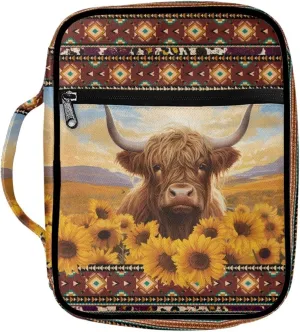 Belidome Aztec Sunflower Scottish Highland Cow Bible Cover for Women Chuch Bag Scripture Study Journaling Carrying Case Holder for Prayer and Study