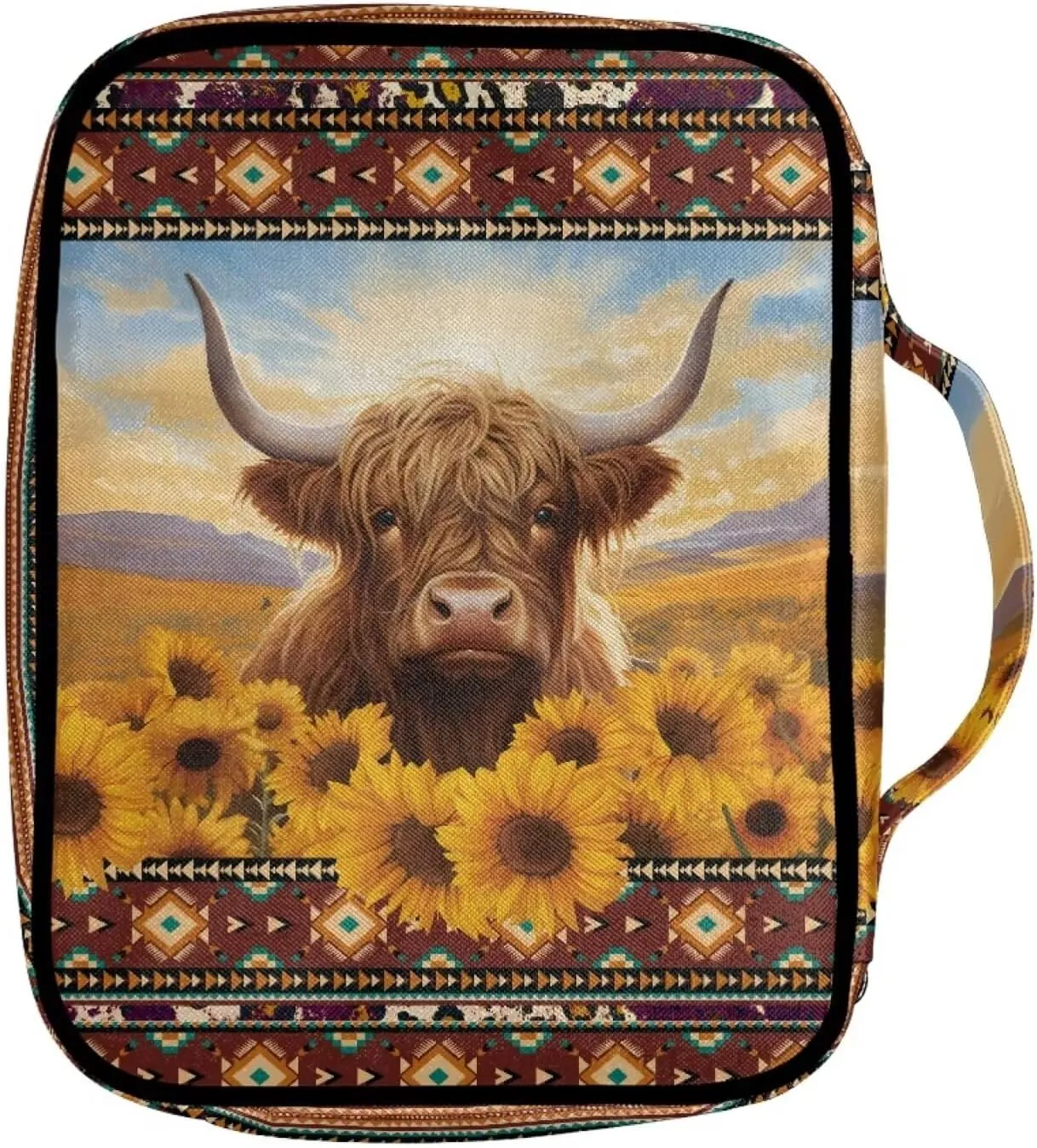 Belidome Aztec Sunflower Scottish Highland Cow Bible Cover for Women Chuch Bag Scripture Study Journaling Carrying Case Holder for Prayer and Study