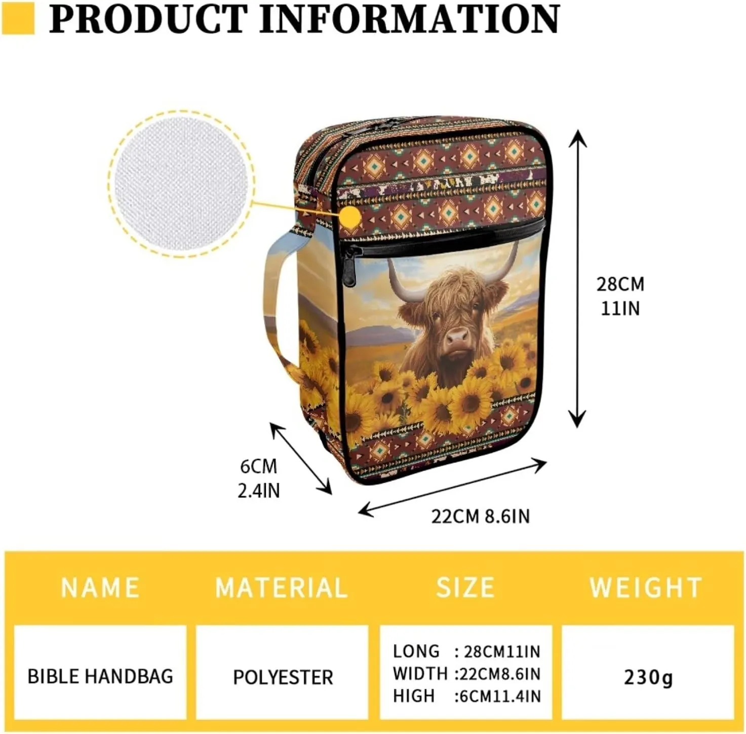 Belidome Aztec Sunflower Scottish Highland Cow Bible Cover for Women Chuch Bag Scripture Study Journaling Carrying Case Holder for Prayer and Study