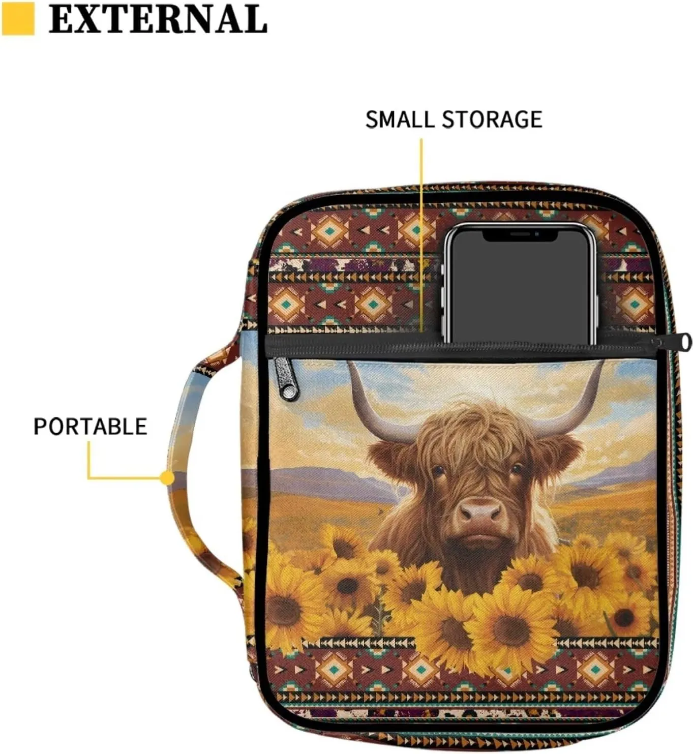 Belidome Aztec Sunflower Scottish Highland Cow Bible Cover for Women Chuch Bag Scripture Study Journaling Carrying Case Holder for Prayer and Study