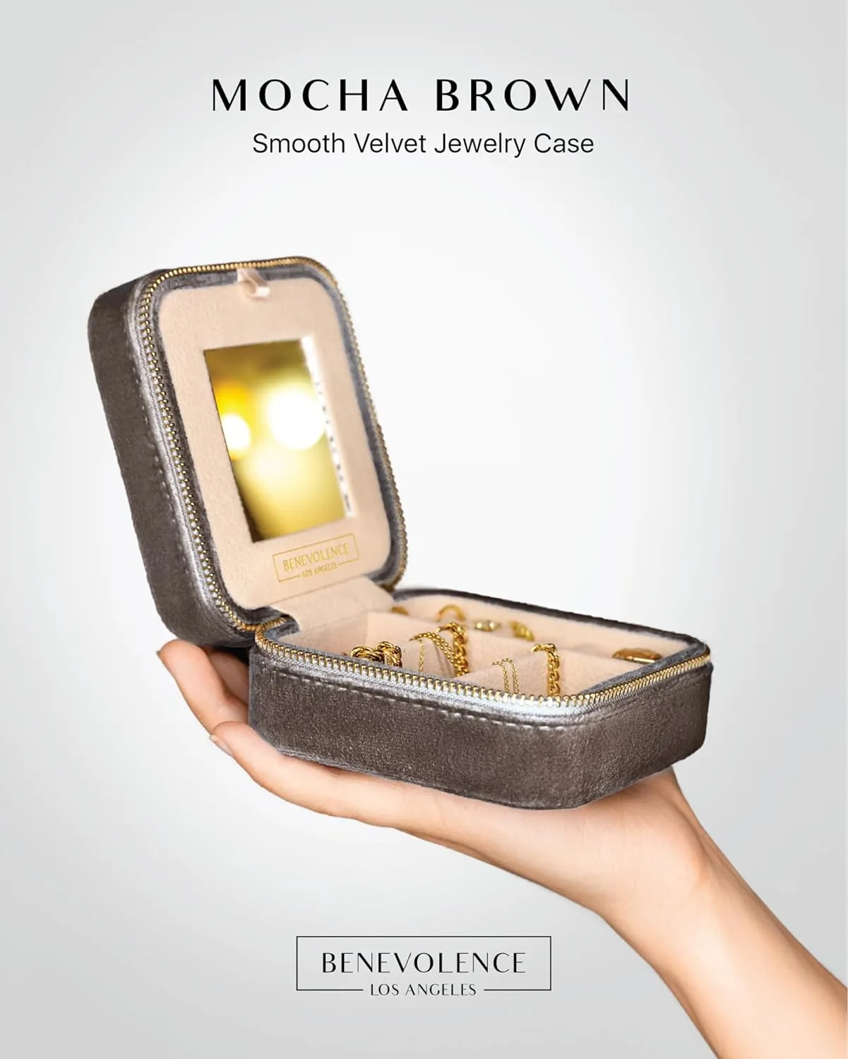 Benevolence LA Travel Jewelry Organizer, Mocha Brown Velvet Jewelry Case for Women, Jewelry Travel Case with Earring Compartment, Jewelry Box for Men
