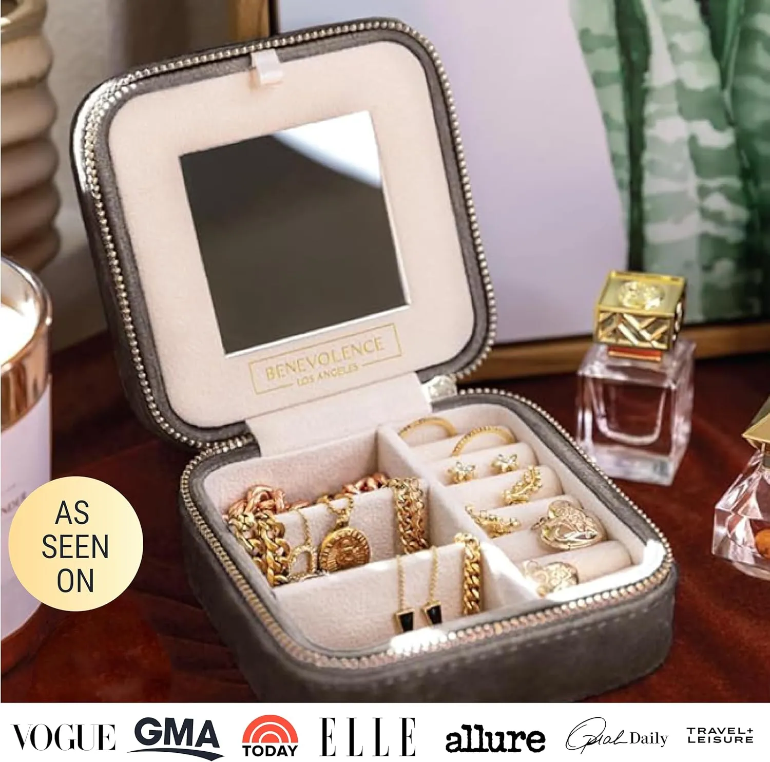 Benevolence LA Travel Jewelry Organizer, Mocha Brown Velvet Jewelry Case for Women, Jewelry Travel Case with Earring Compartment, Jewelry Box for Men