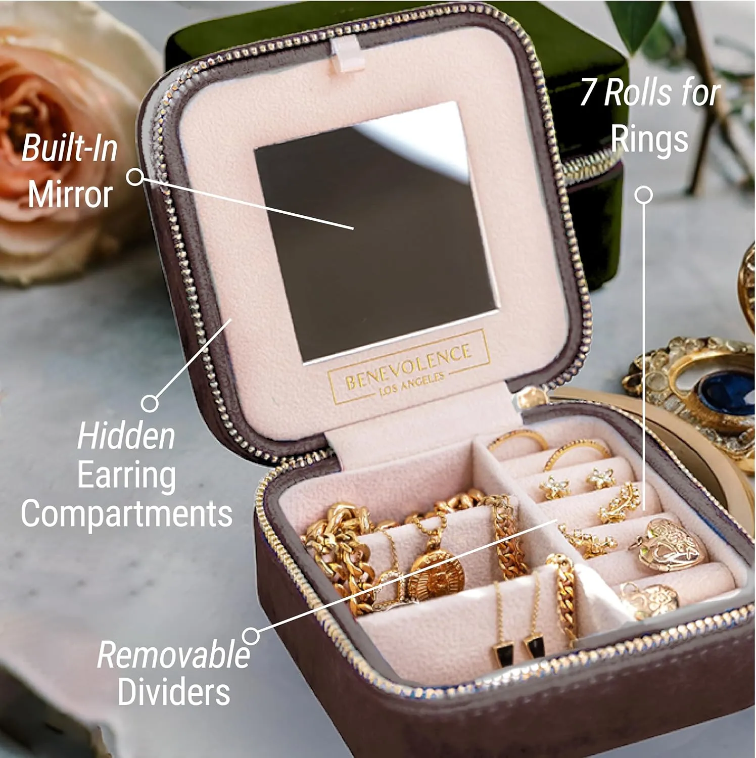 Benevolence LA Travel Jewelry Organizer, Mocha Brown Velvet Jewelry Case for Women, Jewelry Travel Case with Earring Compartment, Jewelry Box for Men