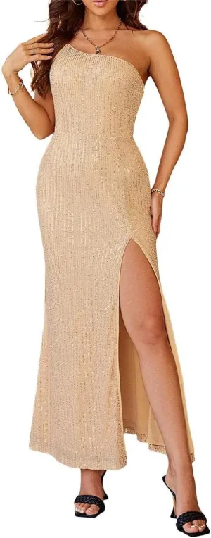 BerryGo Women's Sexy V Neck Bodycon Sequin Gown Evening Dress with Slit