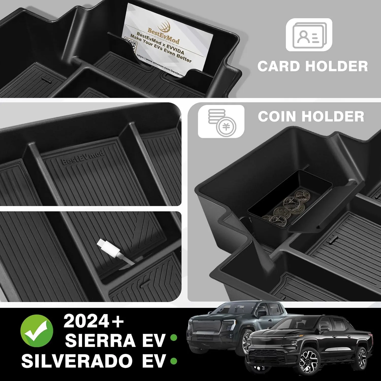 BestEvMod Center Console Organizer Tray Compatible with Chevrolet Silverado EV WT RST LT/Sierra EV 2024 2025 Pickup Armrest Storage Box (Top)