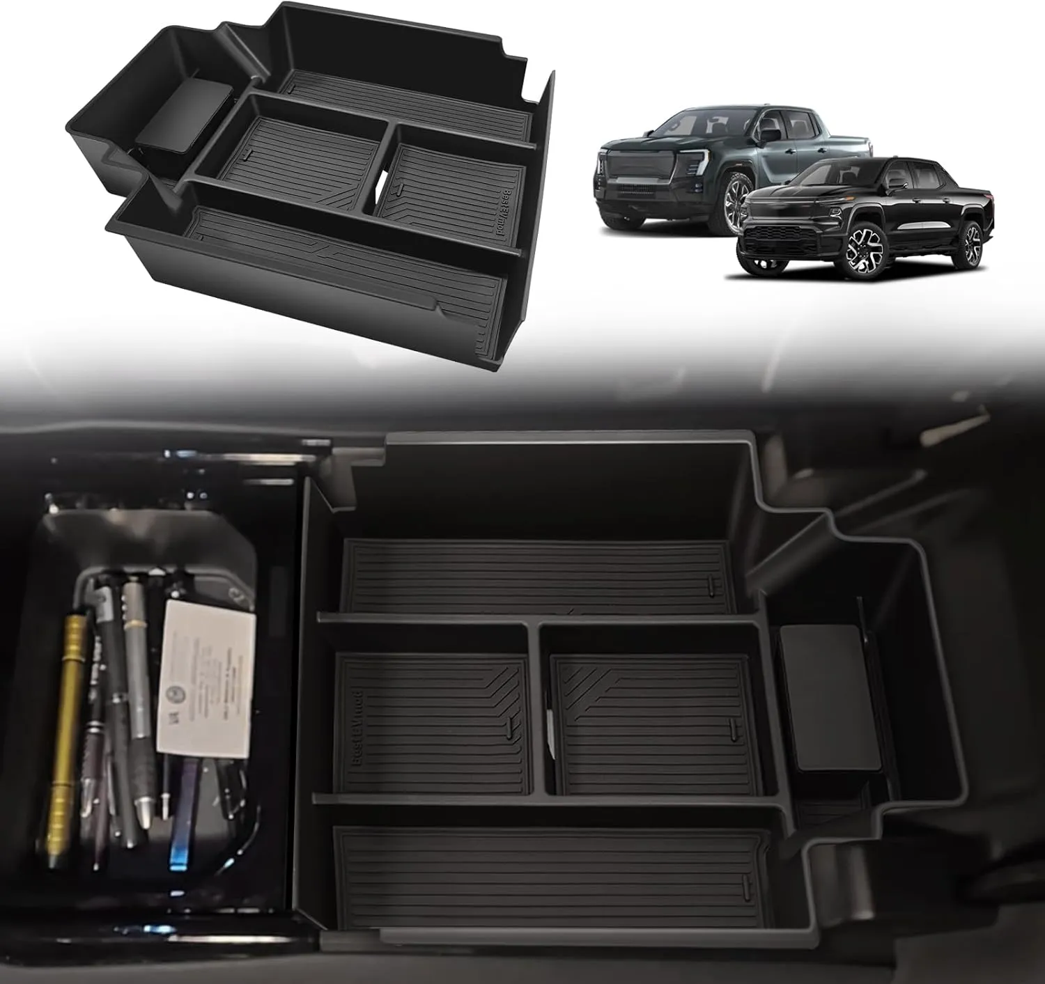 BestEvMod Center Console Organizer Tray Compatible with Chevrolet Silverado EV WT RST LT/Sierra EV 2024 2025 Pickup Armrest Storage Box (Top)
