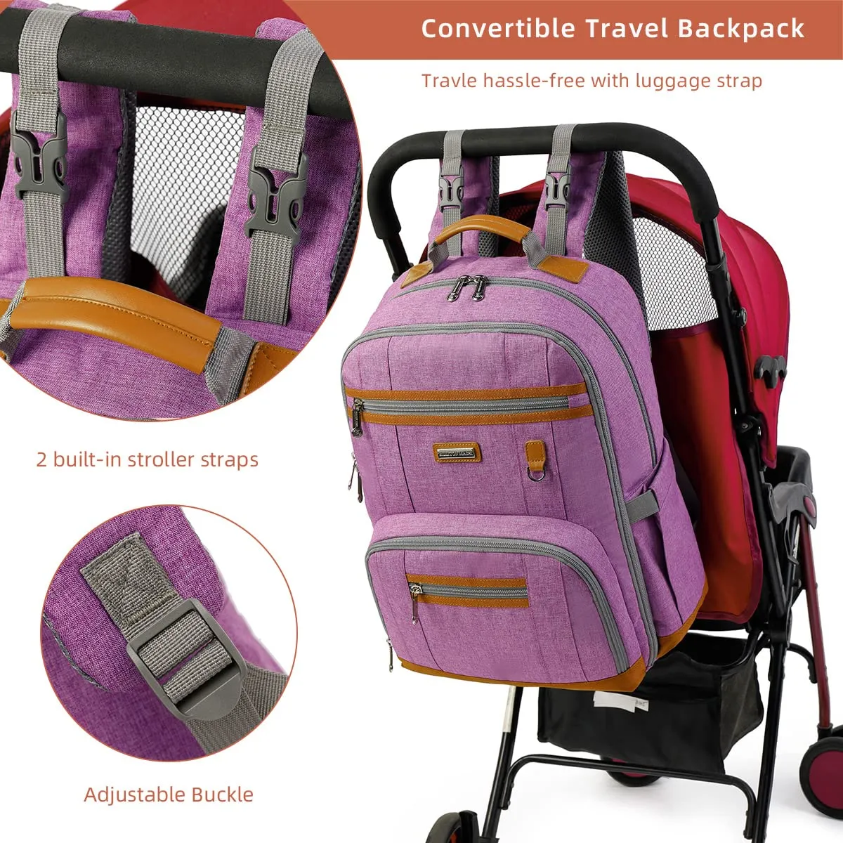 BILLITON MSHI Diaper Bag Backpack for Women Large Capacity Waterproof -Multifunctional with Insulated Pockets for Baby Girl & Boy, Unisex Maternity Travel Bag（Purple）