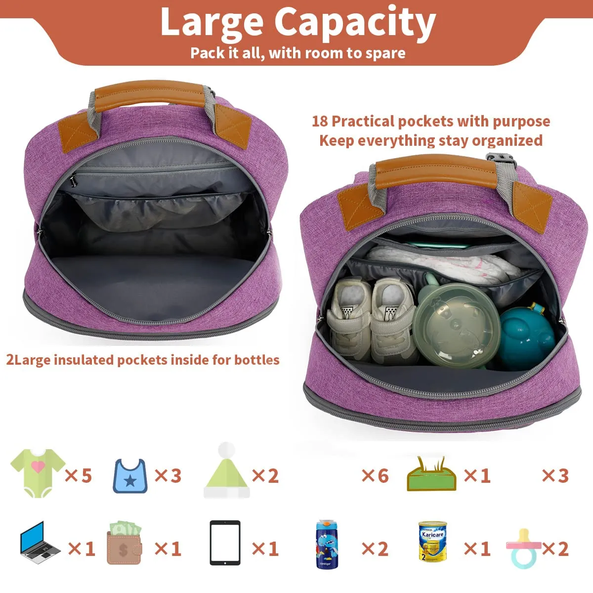 BILLITON MSHI Diaper Bag Backpack for Women Large Capacity Waterproof -Multifunctional with Insulated Pockets for Baby Girl & Boy, Unisex Maternity Travel Bag（Purple）
