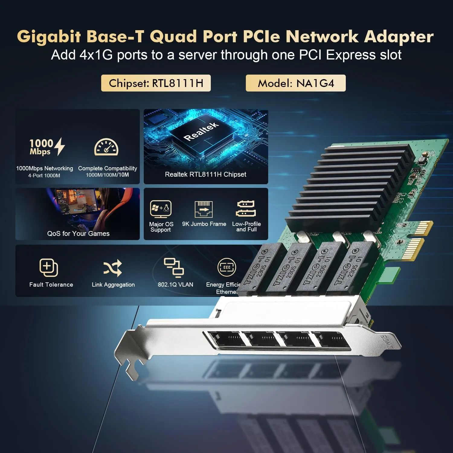 Binardat 4 Port Gigabit PCIe Network Adapter, Realtek RT8111H Controller 1000/100Mbps Ethernet LAN NIC Card for Windows/Linux/Mac