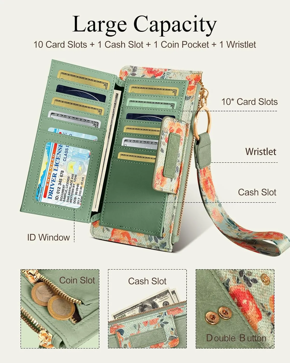 Bistup Wristlet Wallets Women - Cute Leather Ladies Teen Girls Credit Card Holder Keychain Large Capacity Flower Floral Rfid