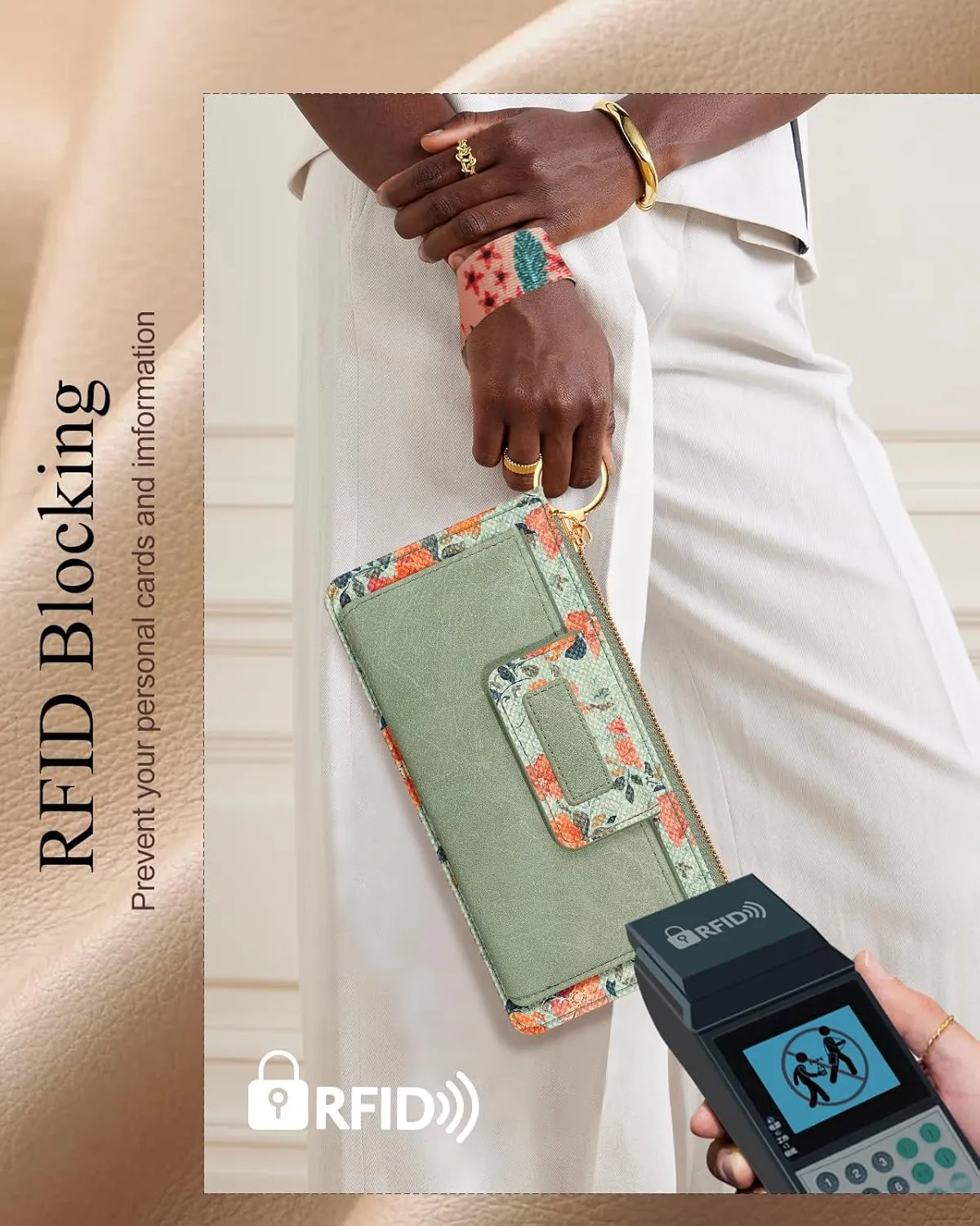 Bistup Wristlet Wallets Women - Cute Leather Ladies Teen Girls Credit Card Holder Keychain Large Capacity Flower Floral Rfid