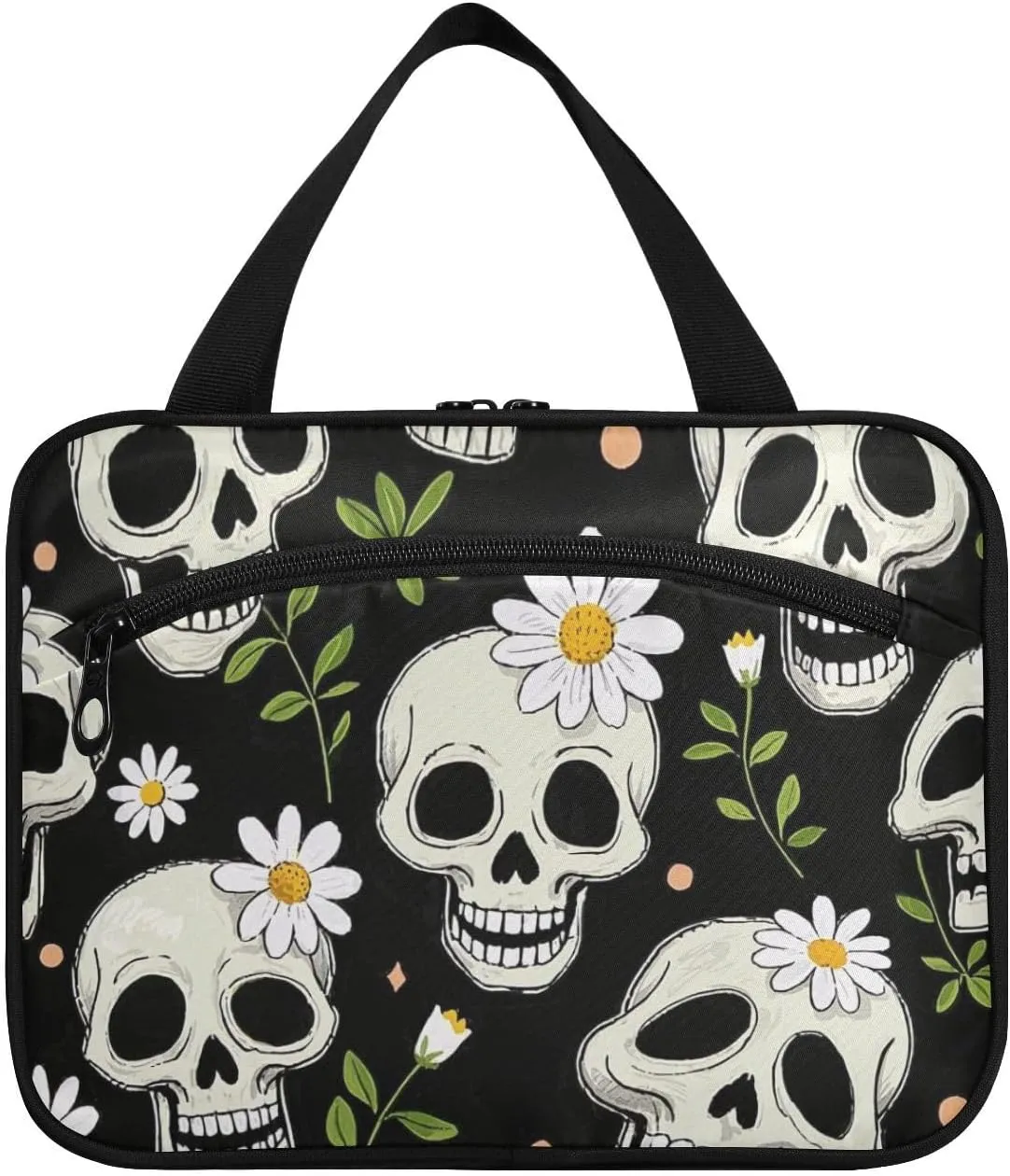 Black Daisy Flower Skull hanging travel kit with hook, designer compact makeup bags for women traveling gym bolsos para hombre L