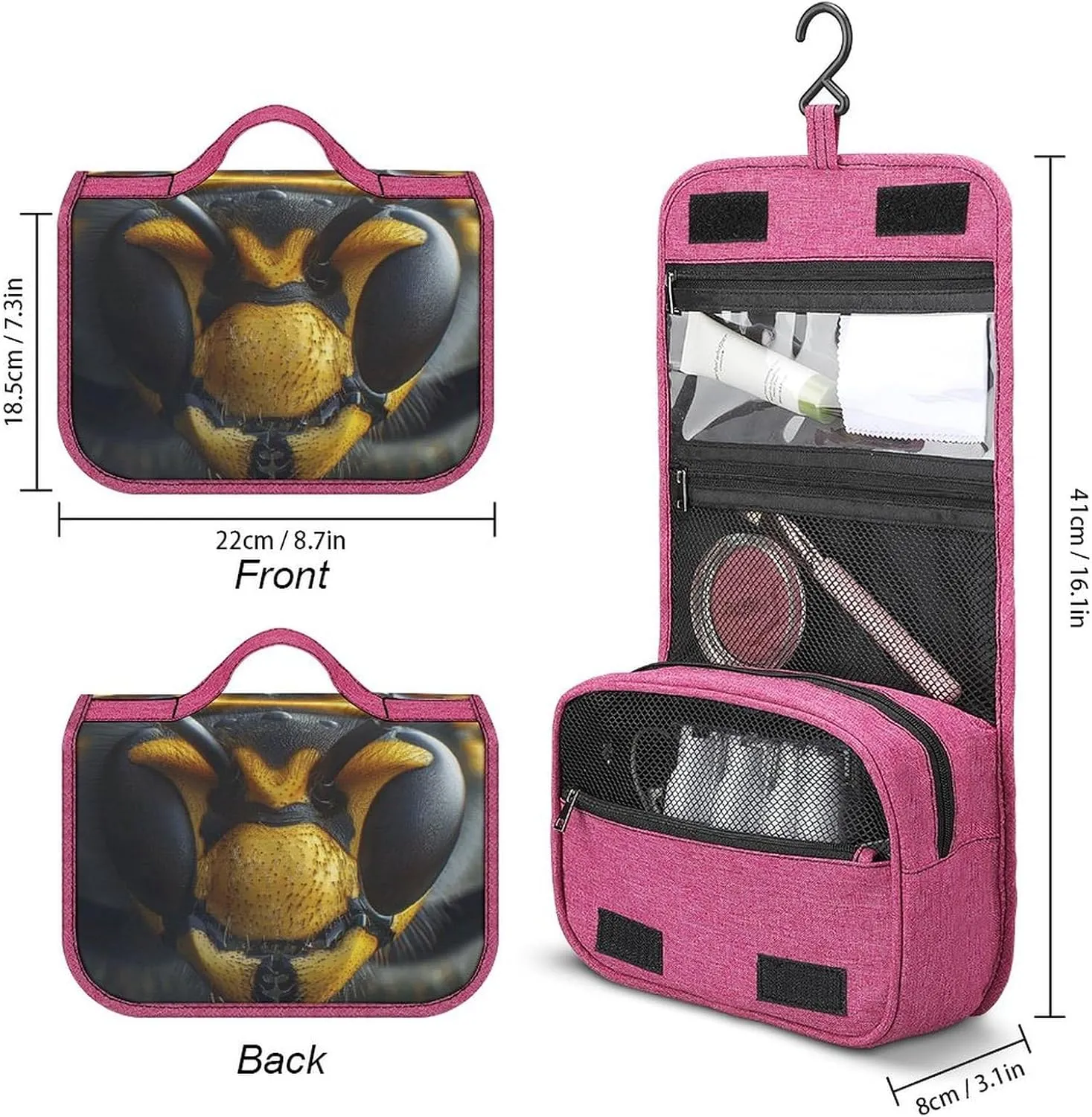 Black Wasp Face Travel Toiletry Bag for Women,Hanging Toiletry Organizer with Hook, Makeup Bag Travel Organizer for Shampoo,Toiletriesl