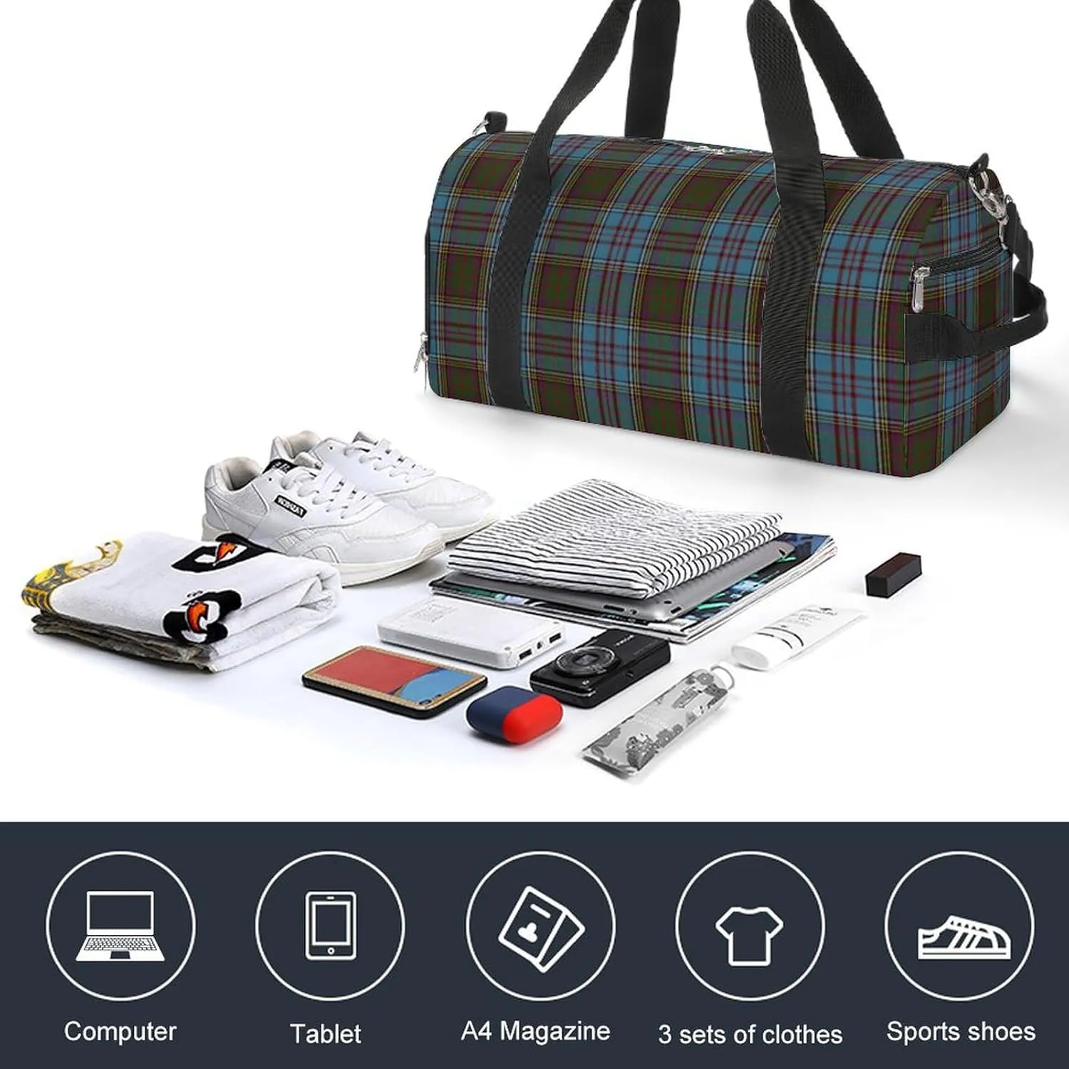 Black Watch Tartan Pattern Portable Large Capacity Fully Printed Fitness Bag Unisex