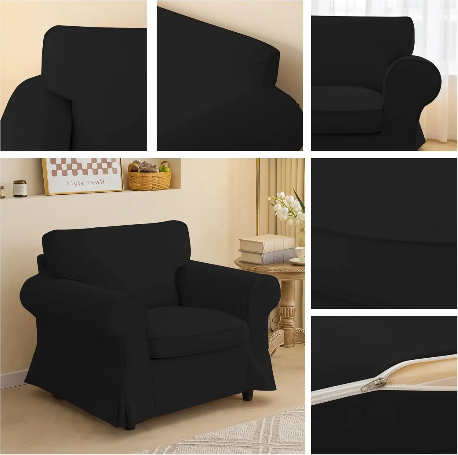 Black Waterproof Ektorp Chair Cover Custom Made Compatible for IKEA Ektorp Armchair Linen Style Ektorp Chair Cover, 3 Pieces
