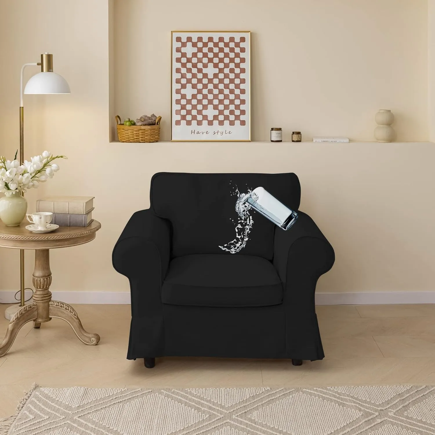 Black Waterproof Ektorp Chair Cover Custom Made Compatible for IKEA Ektorp Armchair Linen Style Ektorp Chair Cover, 3 Pieces