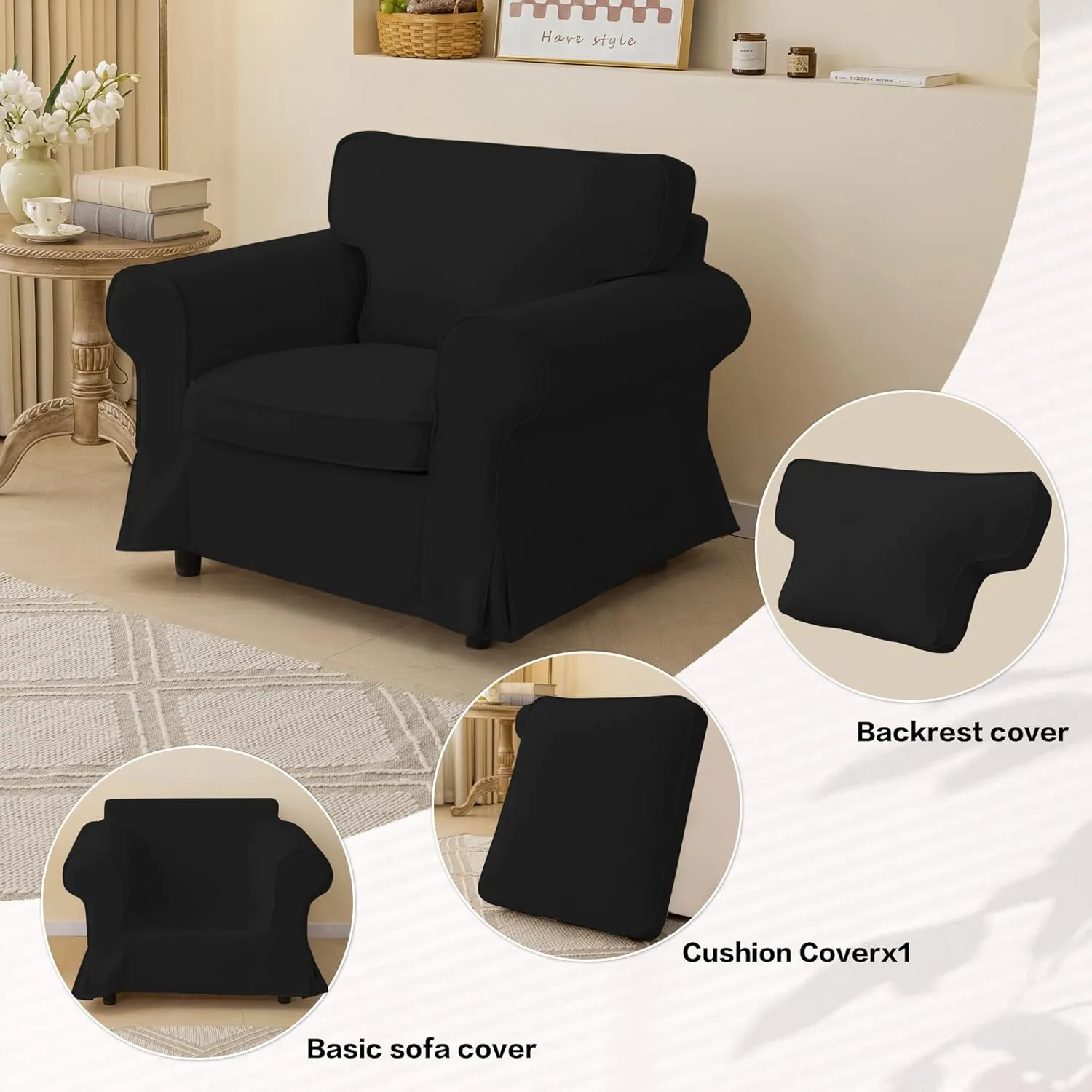 Black Waterproof Ektorp Chair Cover Custom Made Compatible for IKEA Ektorp Armchair Linen Style Ektorp Chair Cover, 3 Pieces