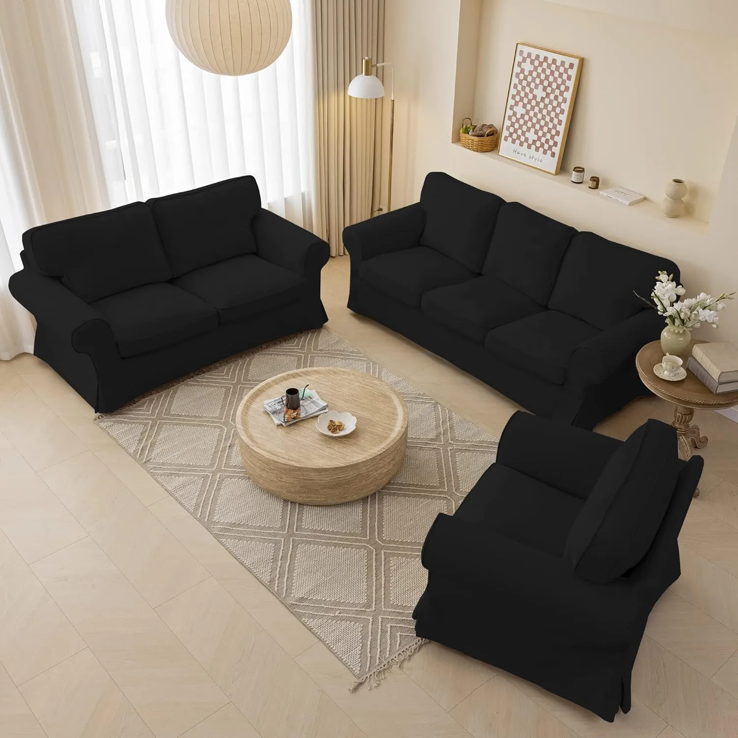Black Waterproof Ektorp Chair Cover Custom Made Compatible for IKEA Ektorp Armchair Linen Style Ektorp Chair Cover, 3 Pieces