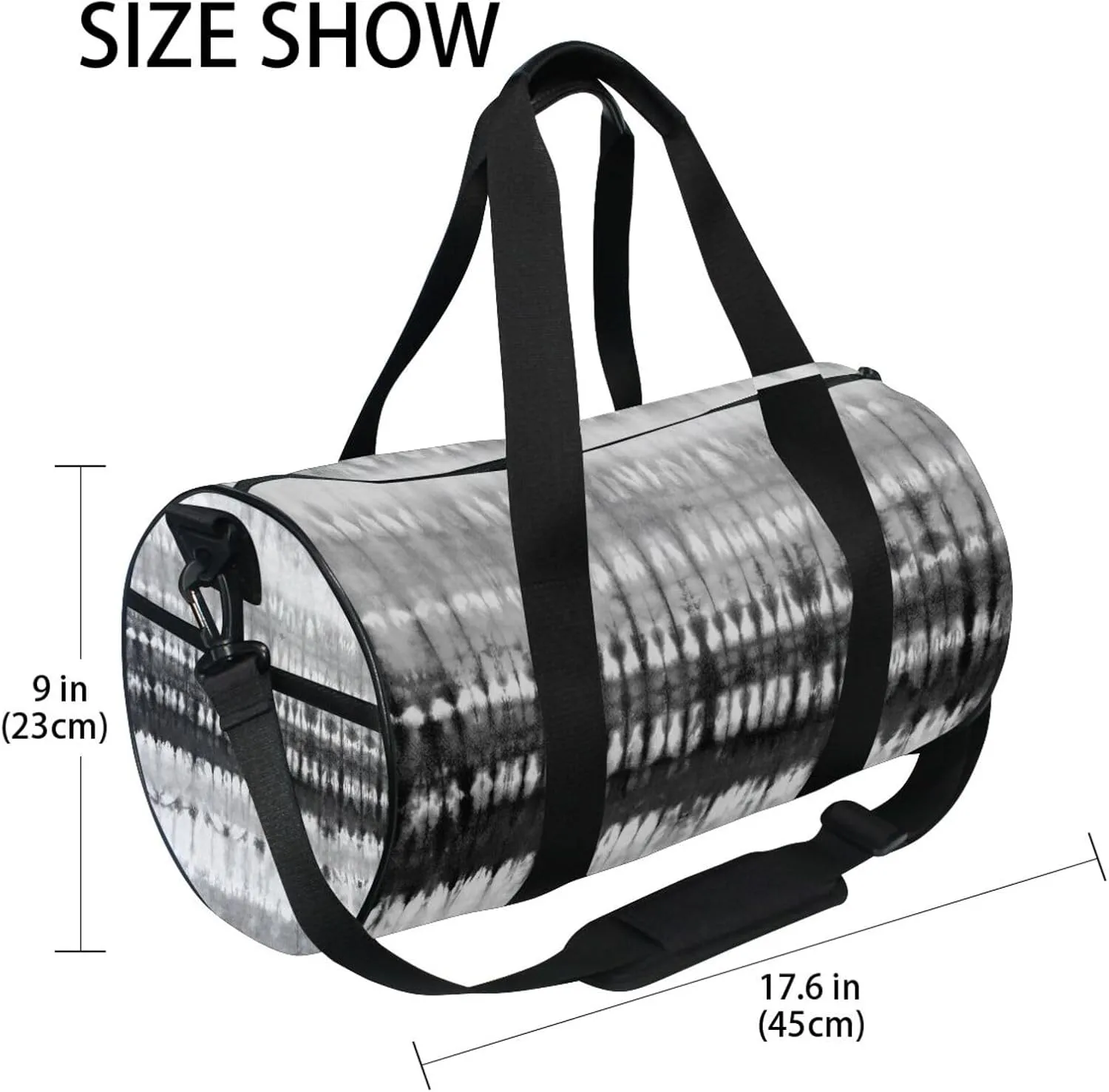 Black White Tie Dye Style on Fabric Abstract Texture Portable Gym Bag, Travel Bag, Luggage bag, Sports Bag, Toiletry Bag with Handles, Detachable Shoulder Strap 17.6 x 9 x 9 inch
