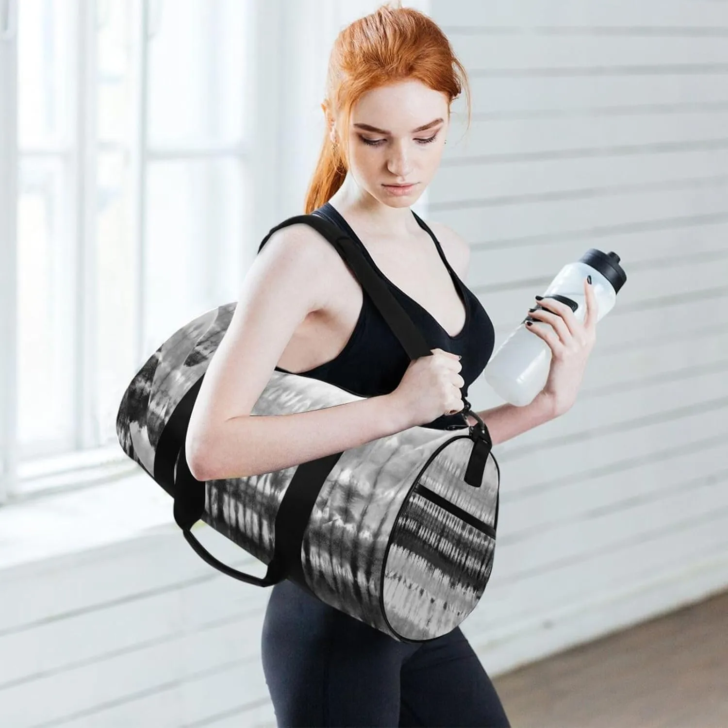 Black White Tie Dye Style on Fabric Abstract Texture Portable Gym Bag, Travel Bag, Luggage bag, Sports Bag, Toiletry Bag with Handles, Detachable Shoulder Strap 17.6 x 9 x 9 inch
