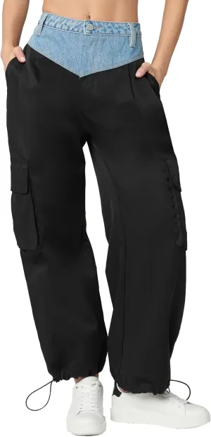 [BLANKNYC] Womens Nylon Cargo Pleated Pant with Denim Waistband