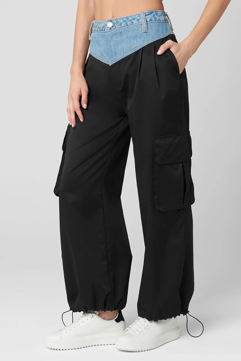 [BLANKNYC] Womens Nylon Cargo Pleated Pant with Denim Waistband