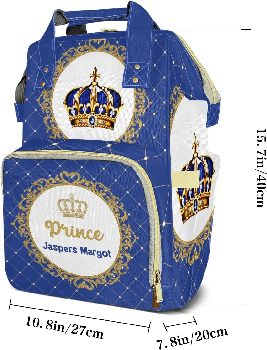 Blue Glod Crown Prince Personalized Large Capacity Diaper Bags,Custom Name Backpack Casual Daypack Bag Nappy Bag Gifts, Design 13, SFA055SS