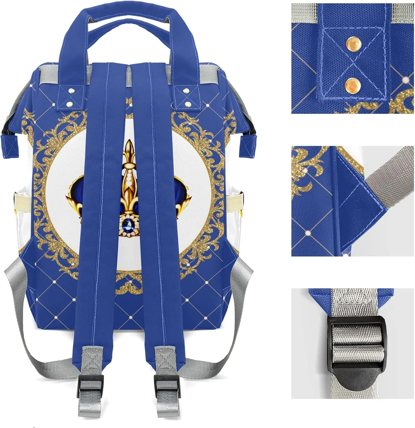 Blue Glod Crown Prince Personalized Large Capacity Diaper Bags,Custom Name Backpack Casual Daypack Bag Nappy Bag Gifts, Design 13, SFA055SS