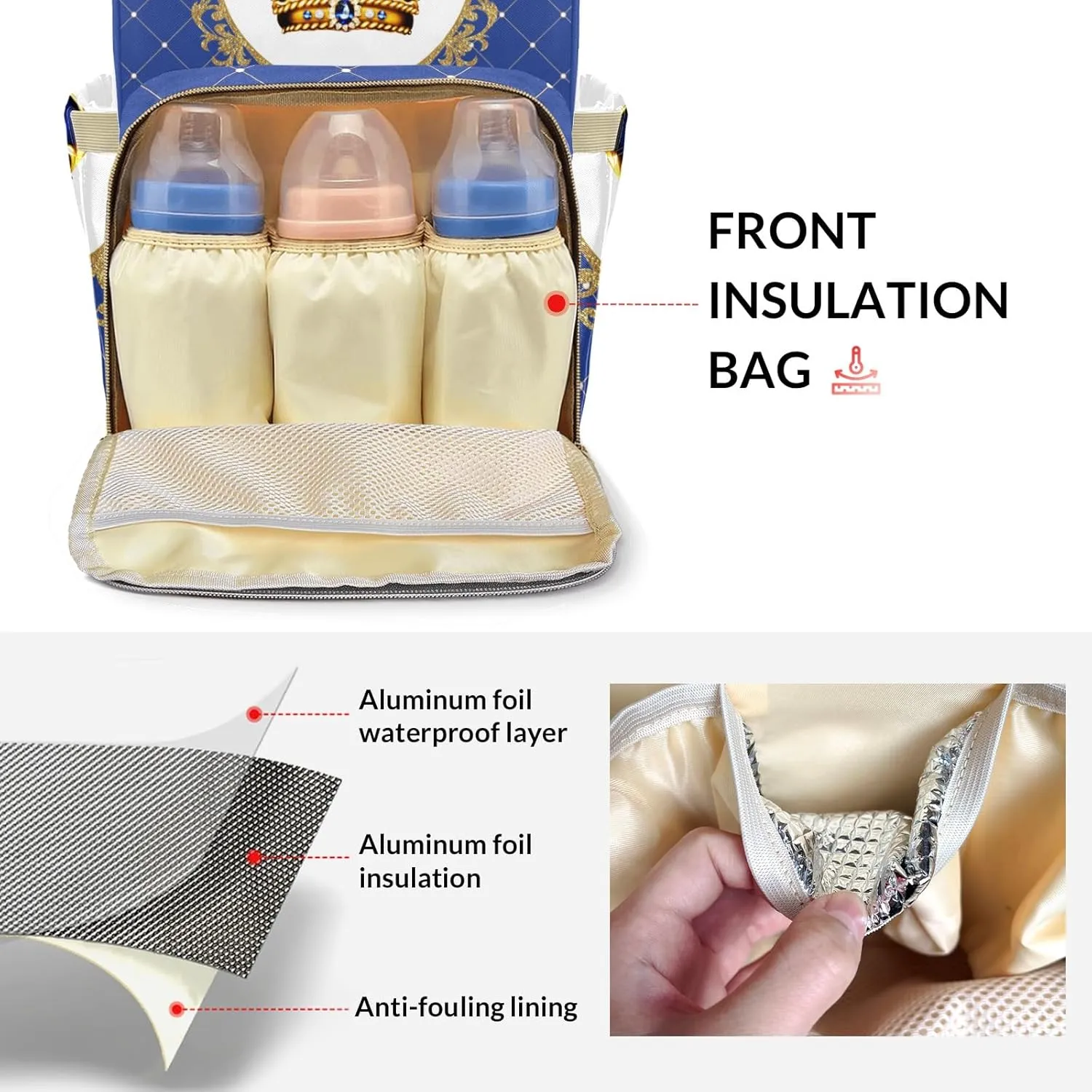 Blue Glod Crown Prince Personalized Large Capacity Diaper Bags,Custom Name Backpack Casual Daypack Bag Nappy Bag Gifts, Design 13, SFA055SS