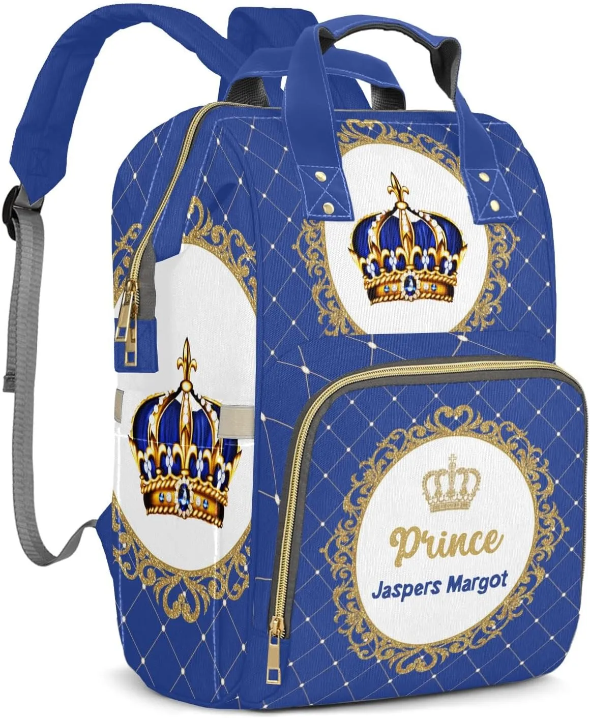 Blue Glod Crown Prince Personalized Large Capacity Diaper Bags,Custom Name Backpack Casual Daypack Bag Nappy Bag Gifts, Design 13, SFA055SS