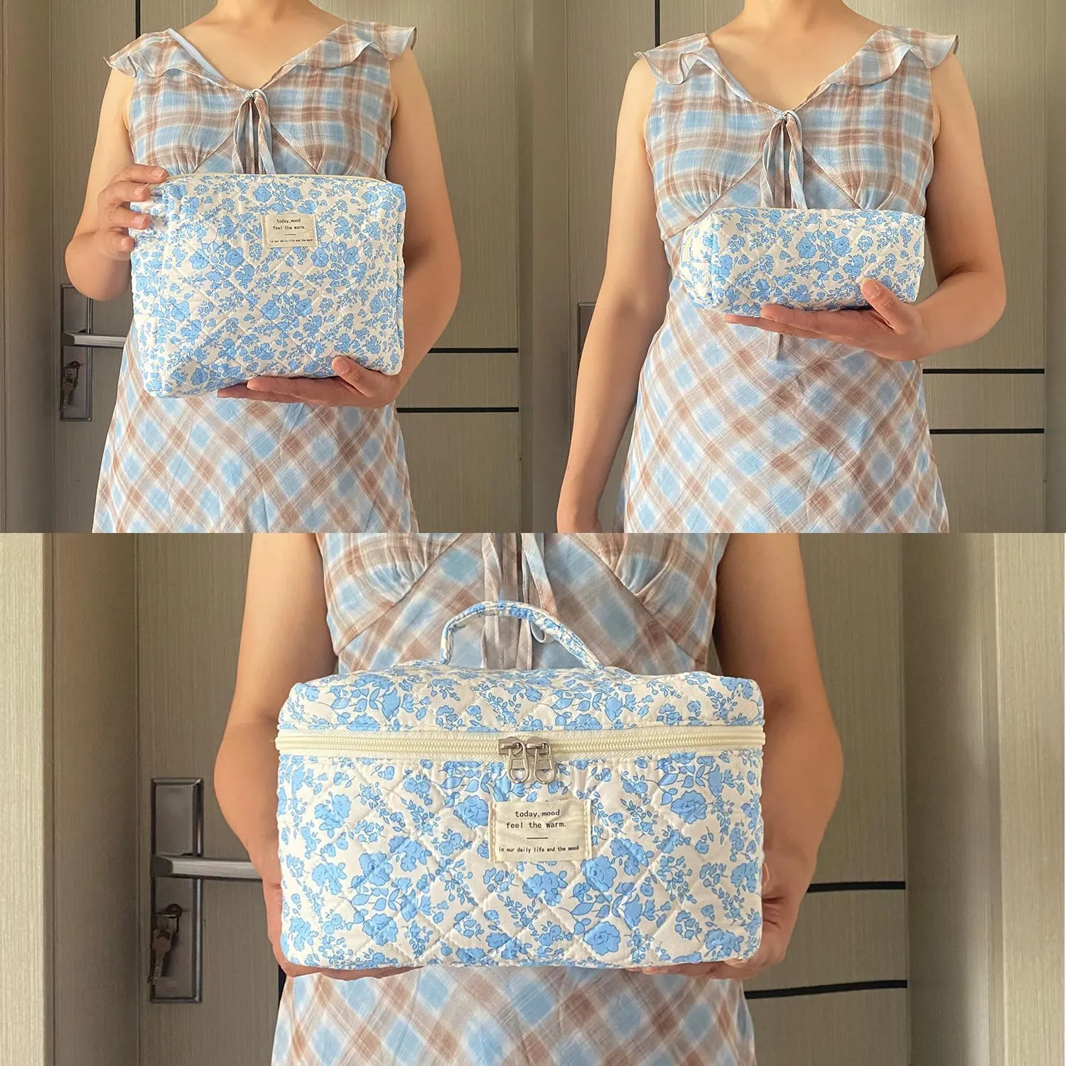 Blue Large Quilted Floral Makeup Bag Set of 3 Cute Coquette Aesthetic Cosmetic Bag Set Travel Toiletry Bag for Women