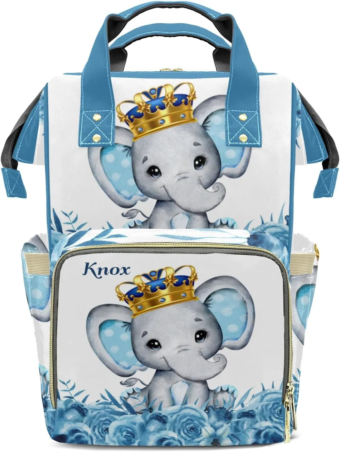 Blue Prince Floral Elephant Personalized Large Capacity Diaper Bags,Custom Name Backpack Casual Daypack Bag Nappy Bag Gifts